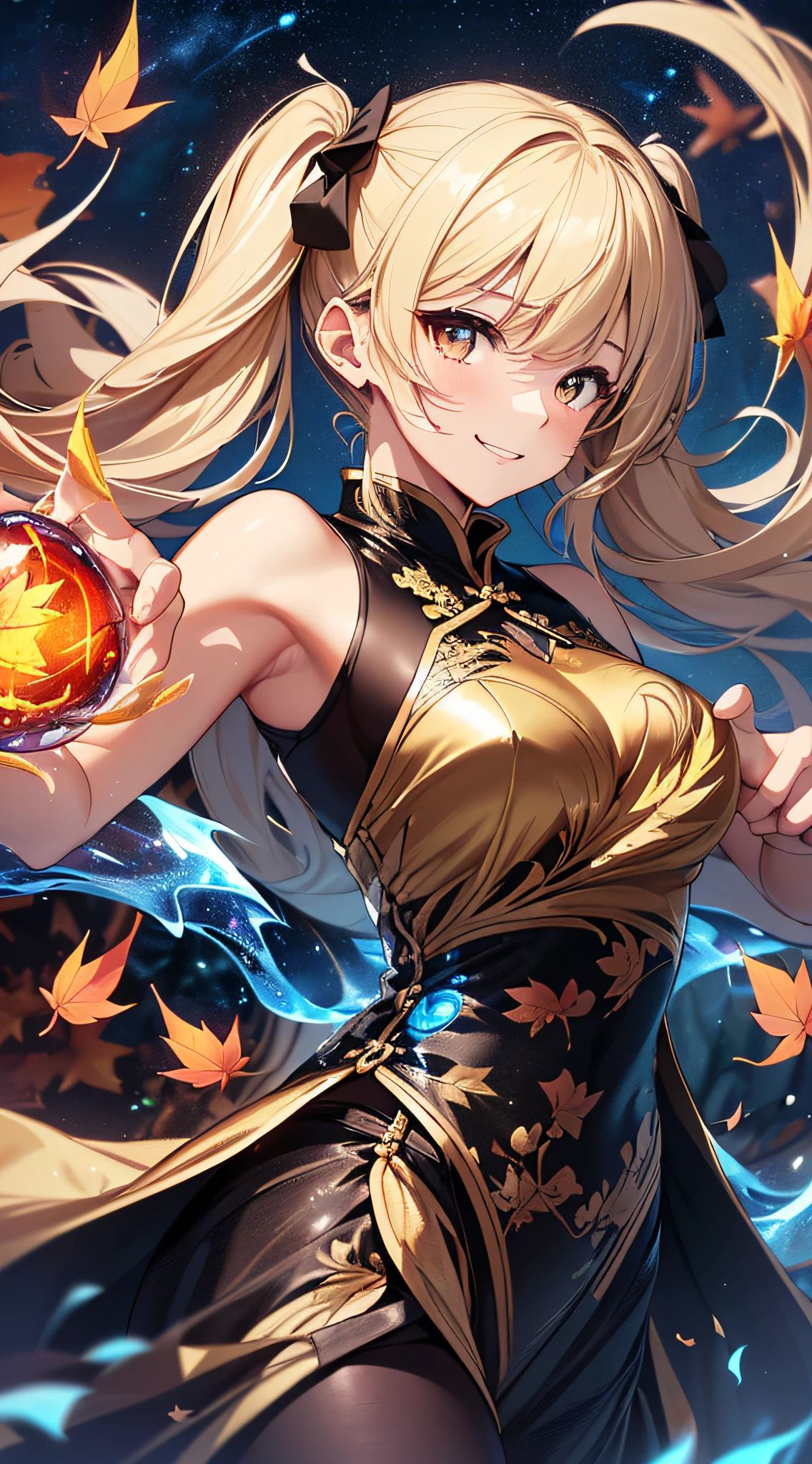 top-quality、Top image quality、masterpiece、girl with((18year old、Black and Red Sleeveless Cheongsam、Best Bust、Bust 90、Blonde twintails、Golden Eyes、open chest wide、Valley、Happiness、A slender、ssmile、Blue aura on both arms、Glass Hair Fastening、Reflecting the whole body、fighting poses))hiquality、Beautiful Art、Background with((Park of autumn leaves at night、Floating blue fireball、Fantastic world、blue flames、Fire Dragon))、masutepiece、Elaborate design、visualart、