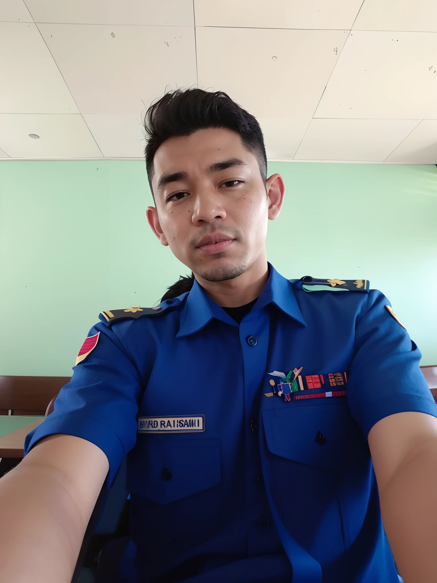 arafed man in uniform sitting at a table with a plate of food, ismail, ramil sunga, potrait, protrait, in uniform, inspired by Bohumil Kubista, full uniform, full protrait, student, profesional photo, with accurate face, andy worhol, 8k selfie photograph, jk uniform, selfie, security agent