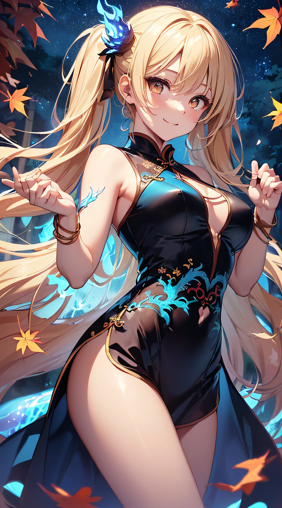 top-quality、Top image quality、masterpiece、girl with((18year old、Black and Red Sleeveless Cheongsam、Best Bust、Bust 90、Blonde twintails、Golden Eyes、open chest wide、Valley、Happiness、A slender、ssmile、Blue aura on both arms、Glass Hair Fastening、Reflecting the whole body、fighting poses))hiquality、Beautiful Art、Background with((Park of autumn leaves at night、Floating blue fireball、Fantastic world、blue flames、Fire Dragon))、masutepiece、Elaborate design、visualart、