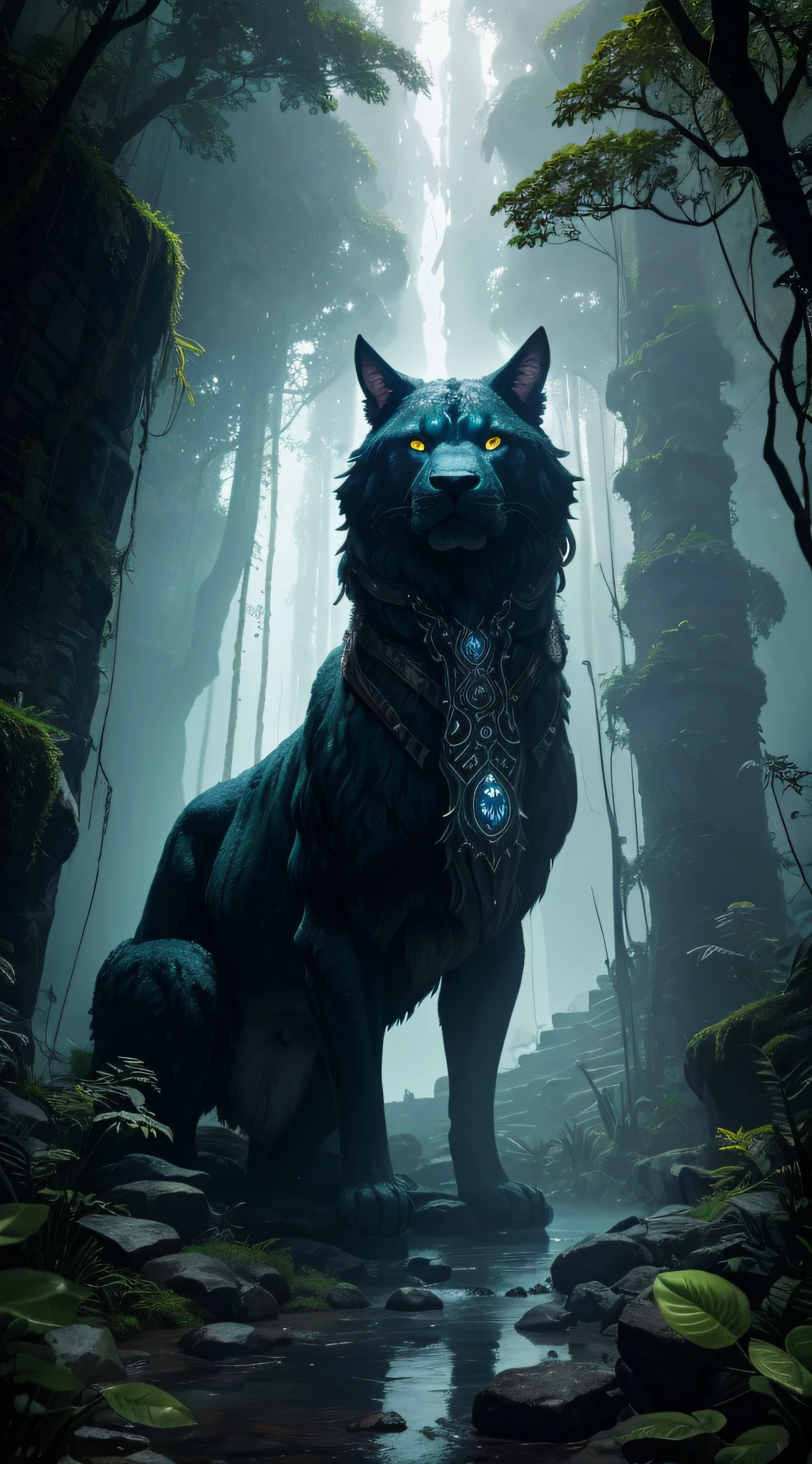 Cerberus guarding the entrance to a hidden underworld deep in the Amazon rainforest. The underworld appears as a mystical cavern (best quality, highres), with ethereal (blue:0.9) bioluminescent (glowing:1.1) plants illuminating the surroundings. The atmosphere is filled with an eerie mist (mysterious fog) that adds an air of mystery and enchantment.

Cerberus, a gigantic (massive) three-headed hellhound creature, stands (majestically) at the entrance (gateway) with its muscular body. Each head boasts sharp (menacing) teeth and piercing (glowing yellow:1.1) eyes, projecting an intimidating presence. The fur (coat) of Cerberus is dark (sinister) and sleek, contrasting with the vibrant greenery of the rainforest. 

Unseen by the naked eye, ancient (forgotten) symbols (inscriptions) are intricately carved into the stone walls, emphasizing the supernatural nature of this hidden realm. The ground beneath is covered with moss (lush vegetation), giving off a soft (pristine) texture.

Venturing closer, a brave (curious) archaeologist dares to enter the underworld, equipped with a trusty (reliable) flashlight (torch). Their cautious (steady) steps are accompanied by the gentle sound of trickling (subterranean) water, revealing an underground stream (river) that meanders through the caverns. The archaeologist's attire (explorer's clothing) is appropriate for the dense (mysterious) rainforest, blending with the environment.

In the distance, towering (ancient) stone statues (monoliths) rise from the ground, showcasing the forgotten civilization (lost tribe) that once thrived in this hidden realm. The statues' weathered (crumbling) appearance hints at the passage of time, adding to the sense of history and mystery.

As the archaeologist delves deeper, the hidden underworld unravels its secrets, revealing mythical creatures (guardians) and sparkling (enchanted) crystals. Shadows dance (flicker) along the cave walls, casting an otherworldly (magical) ambience.

The scene is painte