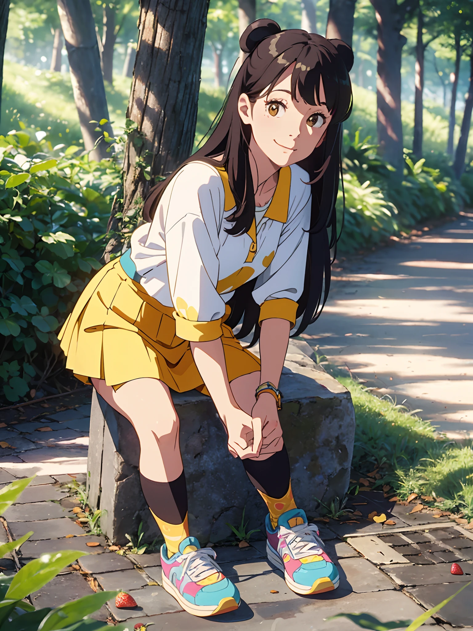 (cool outfit + women's clothing + long hair), orange and yellow short skirt, hand pockets, shallow smile on the face, patterned strawberry socks, colorful sneakers, natural sunlight, bright white and dark parts, a small amount of Pooh Bear (2 pcs).