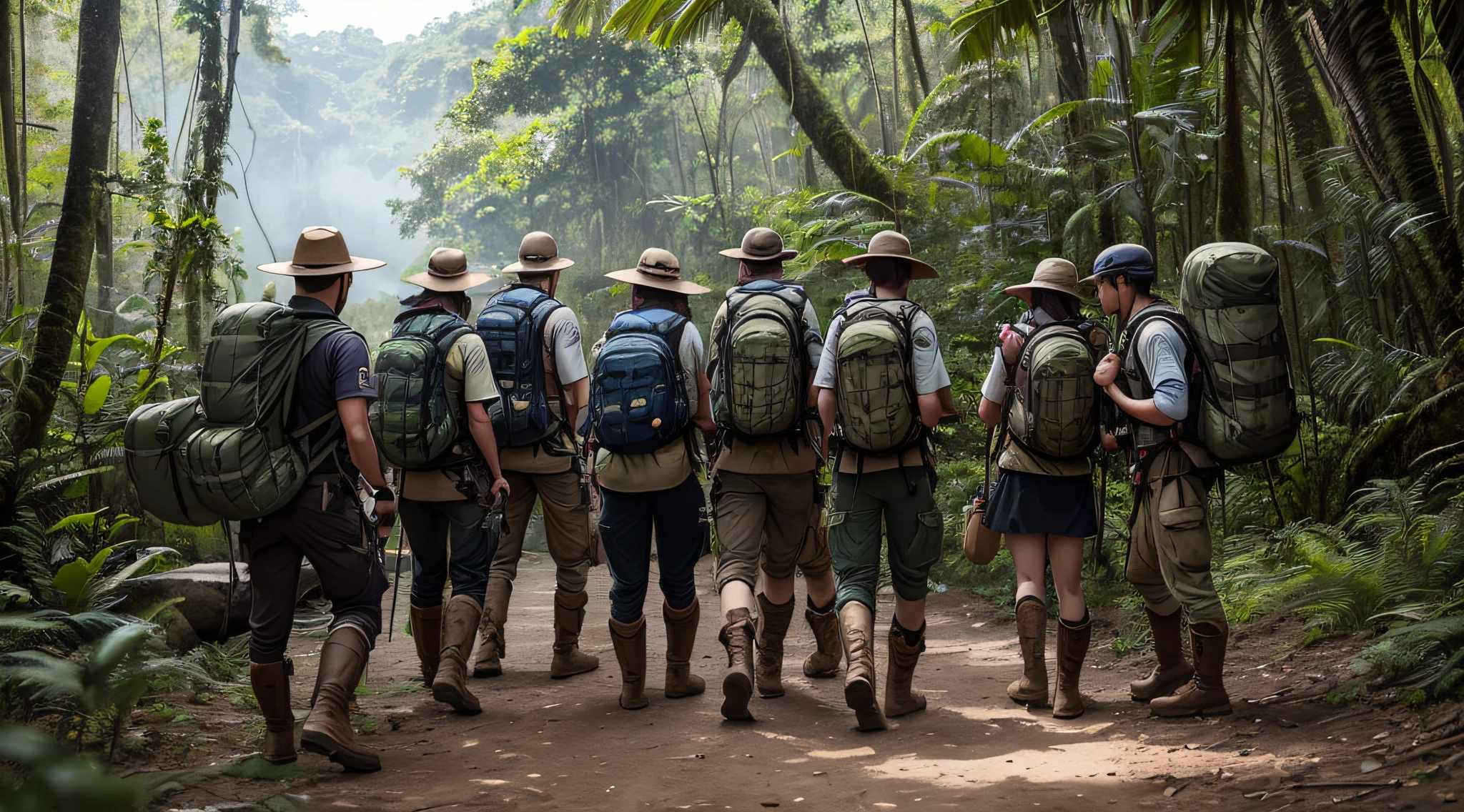 (group,team) of(intrepid,fearless,brave,courageous) explorers in(amazon,rainforest) preparing to embark on a(journey,adventure) in(search,quest) of(cerberus,mythical creature,legendary creature) and(the,an) hidden object. They are carrying(gear,equipment) such as(backpacks,cameras,compasses,binoculars,flashlights), (protective,safety) gear like(helmets,gloves,boots), and(supplies,provisions) such as(water bottles,food rations,maps,medications). They are filled with(emotions,excitement,anticipation,curiosity,hope) as they anticipate the unknown and are determined to overcome any challenges they may encounter.