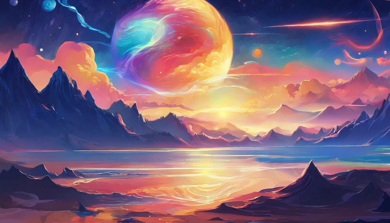 huge planet, the night, starrysky, surrealism, masutepiece, hight resolution、Impressive Milky Way:1.9、sand beach、Vast blue ocean、Blue glacier、lightning bolt:1.9、Protoplanets