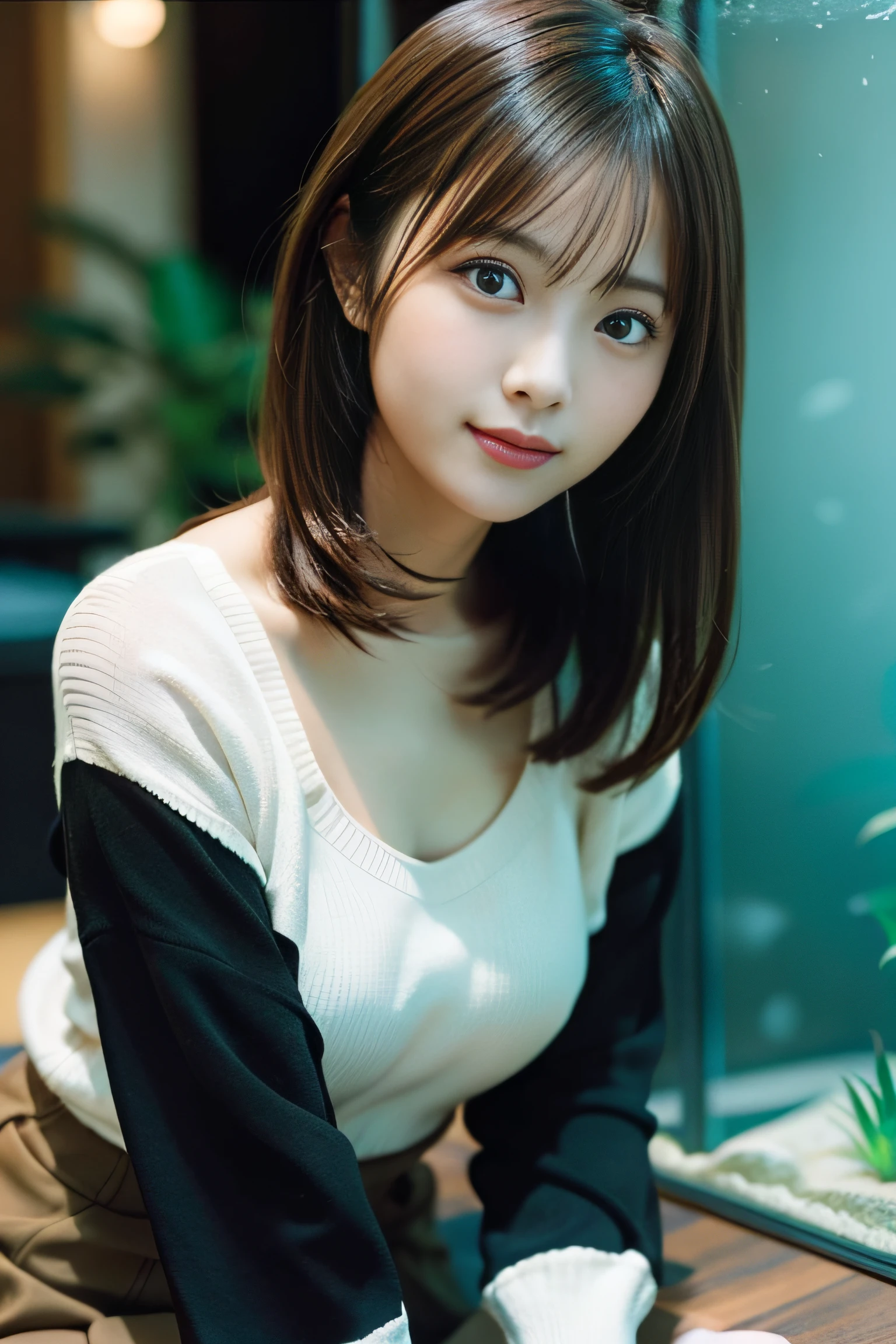 in 8K,Best Quality:1.4, 超A high resolution:1.5, (Photorealistic:1.4),masterpiece:1.2,(top-quality:1.4)、 Raw photo、(the background is blurred), aquariums、FULL BODYSHOT:1.5、 1日本人の女の子, Cute, (Solo), (A slight smil), Smooth skin、(30-years old:1.4)、to stand、Check miniskirt、Cute mini skirt、 (Brown medium hair,Bangs), (touch hair:1.4)、nogizaka、cute little、Supple fingertips,Beautiful black eyes、natural skin textures:1.3, realistic eyes and face details:1.7、middlebreasts、gazing at viewer、beauty legs、autumnal、long-sleeve、fish tank、penguin