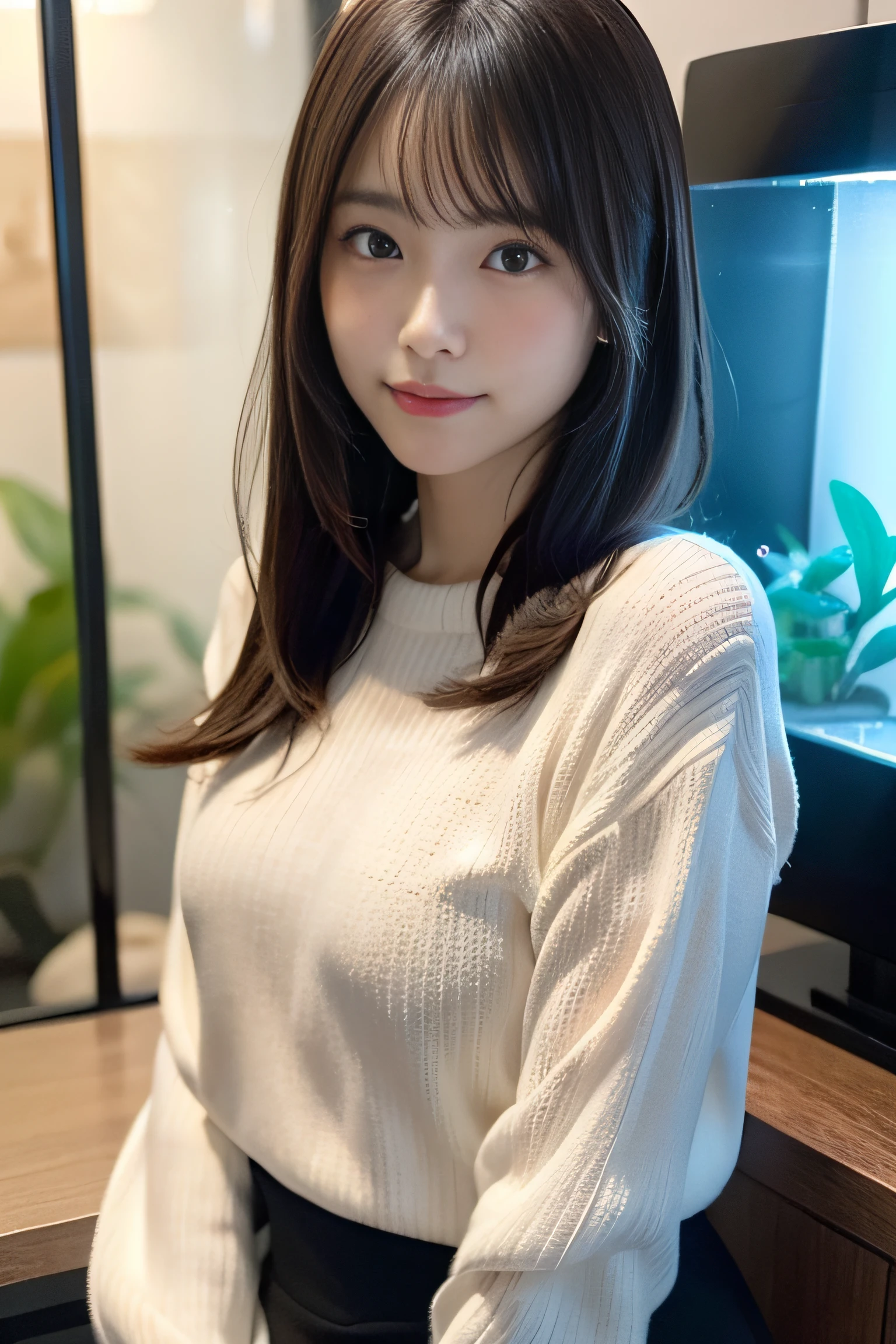 table top, highest quality, figure, super detailed, finely, High resolution, 8k wallpaper, 完璧なダイナミックな構figure, beautiful and fine eyes, long sleeve casual office clothes,medium hair,,natural color lip, bold sexy pose,smile,Harajuku、20 year old girl、cute、sexy shot looking at camera,blur the background,beautiful and detailed face，Take only the face,real photos