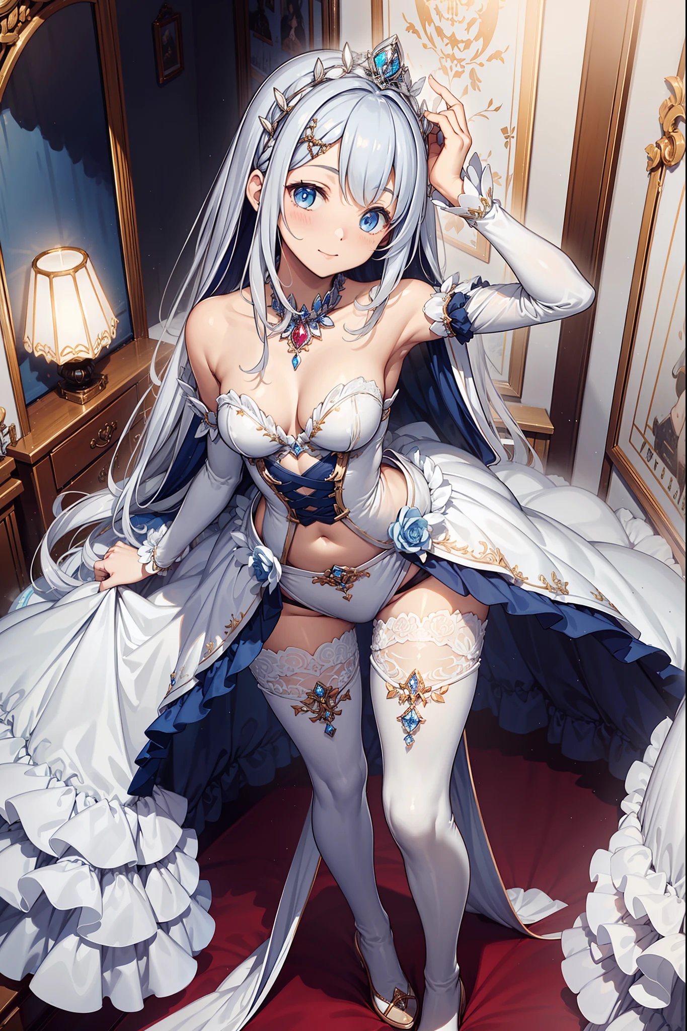 (Best quality,4K,8K,A high resolution,Masterpiece:1.2),Ultra-detailed,Beautiful girl,Enchanted,Enchanting,cheerfulness,divino,Magical effect,Silvery-white hair,eBlue eyes,Pale pink wedding dress,The bride's crown,A small amount of sky blue cloth,Sophisticated attire,detailed lace,Delicate ruffles,Bedroom,solo person,during night,lacepantyhose,Sacred stripes,transparent costume,jewel embellishment