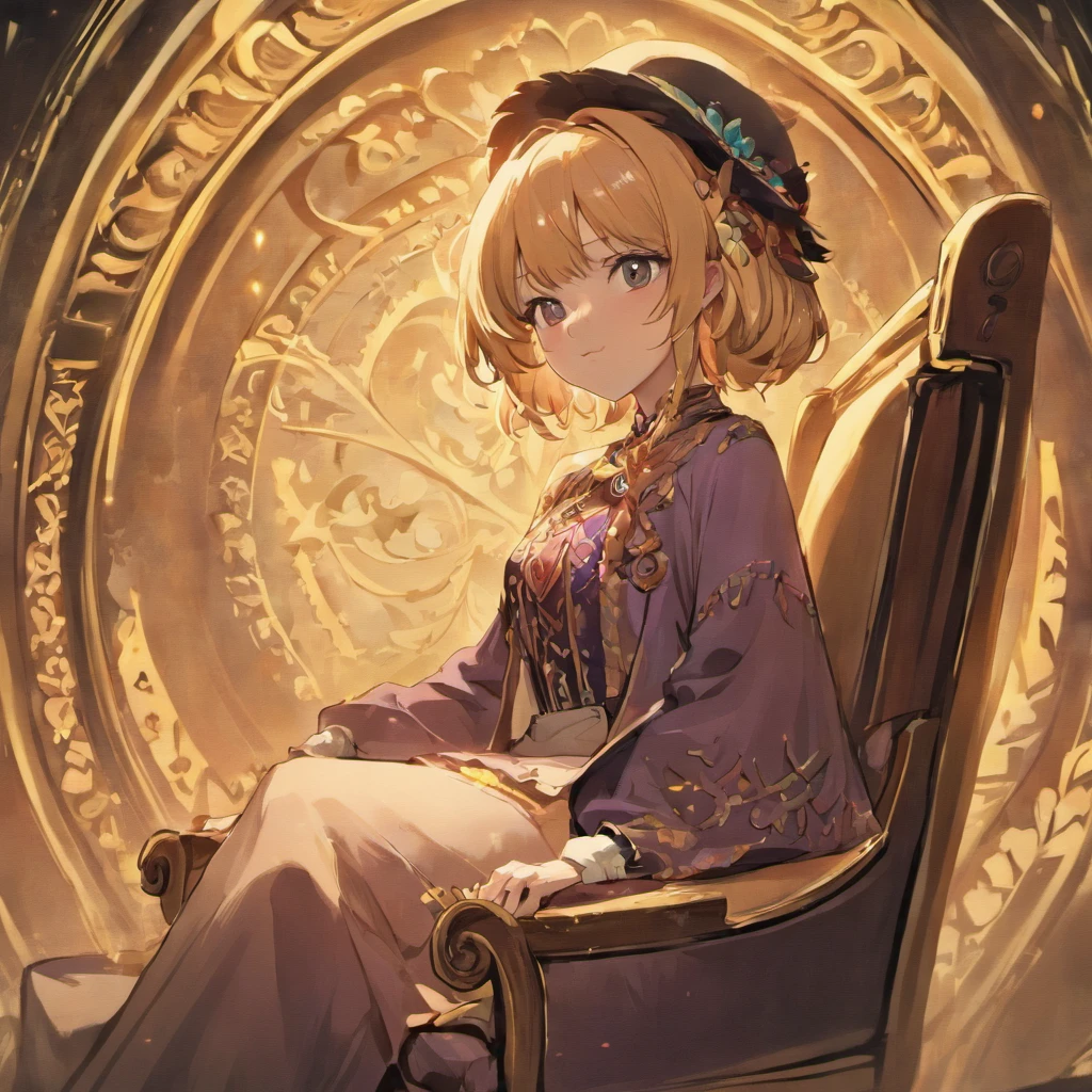 (masterpiece:1.4), (best quality:1.4), fantasy, extremely detailed, intricate, hyper detailed, illustration,soft lighting, 1girl, Orange hair_flower, dress, bend_over , grin, (perfect_face), sitting, desk, ornate, intricate, dramatic lighting, 4k, detailed_background, caustics, full_body, digital_illustration, from_side 