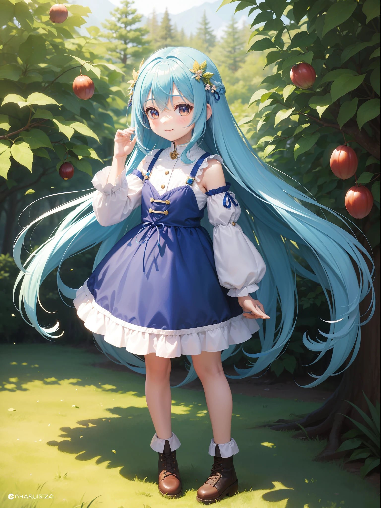 Chibichara　Picking chestnuts in a chestnut grove　long hair with blue hair((Chibi Chara))、A charming smile、Fluffy、girl with、Chibi Chara、Friends of the Forest、full body Esbian、Pastel colors hair、masutepiece、top-quality、