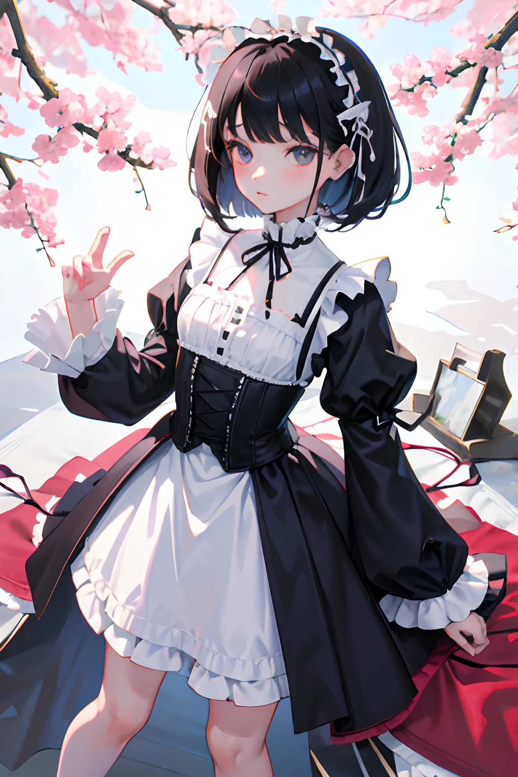 Knees，Standing，(Curtsey，skirt rift)，，（​masterpiece，Highest Quality），(shortsleeves，White Gothic Lolita)，Sleepy face，Round eyes，A dark-haired，Semi-long bob，bare-legged，Tatami mats，cherry trees，undergarment