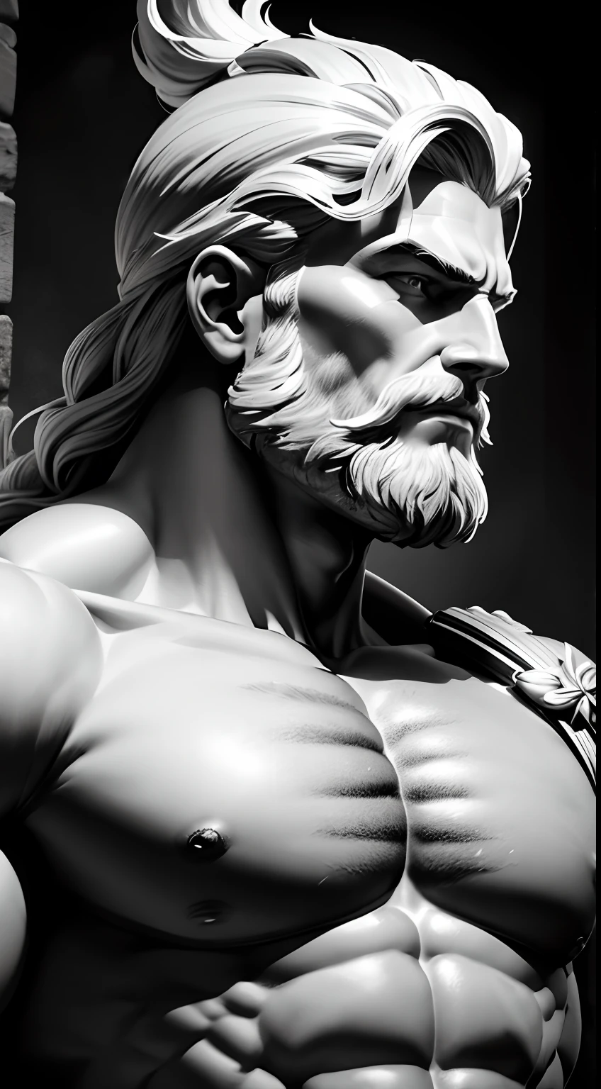 Zeus sovereign of other Greek gods which is Greek historical status with Muscles of Hercules profile Cinematic 4k and black and white dark background