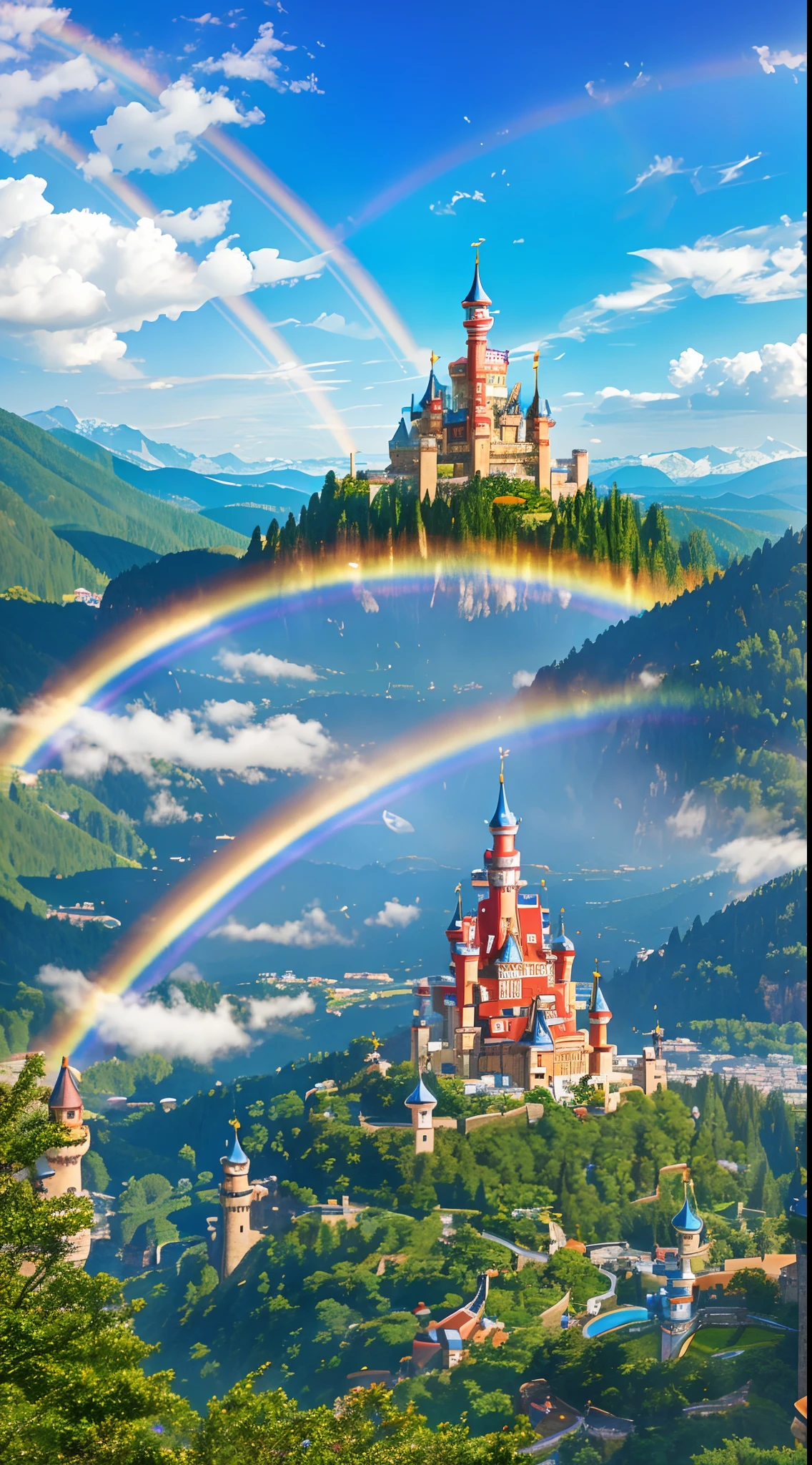 A wide-angle shot of a fairytale land, with a castle in the center and a rainbow in the sky,鱼眼视角 --v 6