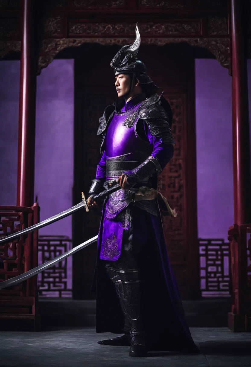 Huge Chinese imperial palace,Wide square,the night,themoon、Standing a handsome man in purple armor,Deep purple armor,Dragon helmet,Black sword in hand,Black Sword
