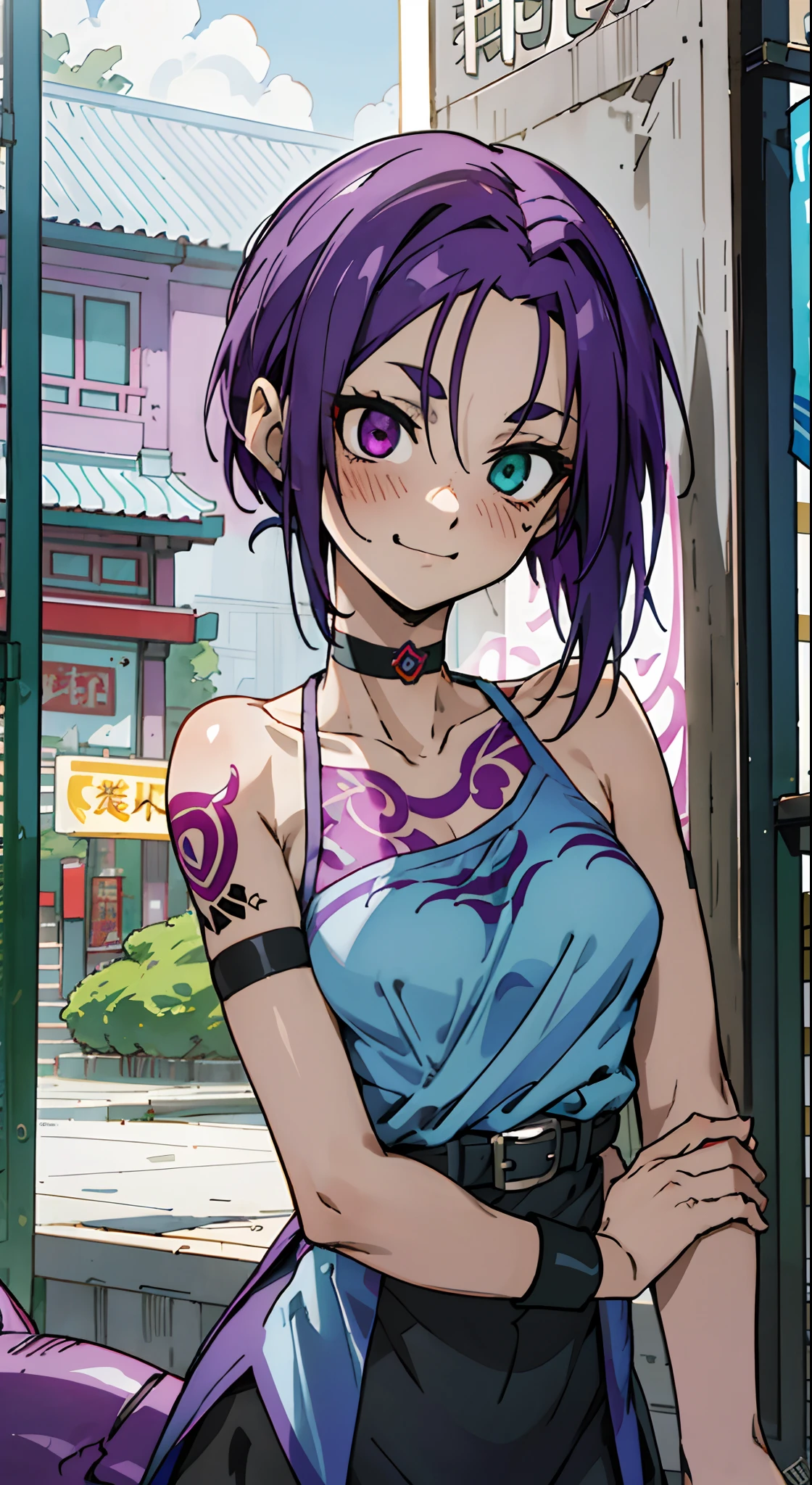 Masterpiece, Best quality, Ultra-detailed, Colorful,take up close, Hyper-detailing,purple color hair, reo mikage, bluelock, no sleeves, camisole and cheongsam, chinese clothes, chest exposure, underwear, frilly underwear, the kinky is exposed, choker, black choker, arm warmers, Wristband, belt wristband, relative area, five fingers, well tattooed showing the tongue, perfect arms, tattoo, arm tattoo, dragon tattoo, body tattoo, face tattoo, red tattoo, perfect hands, perfect fingers, feminine fingers, sexy breasts, scar, big breasts, red blush, 1girl, Solo, sharpy face, heterochromia, green eyes, purple eyes, Bare neck, happiness face, rays of sunshine, brautiful sky, shining sky, shanghai village, slum town