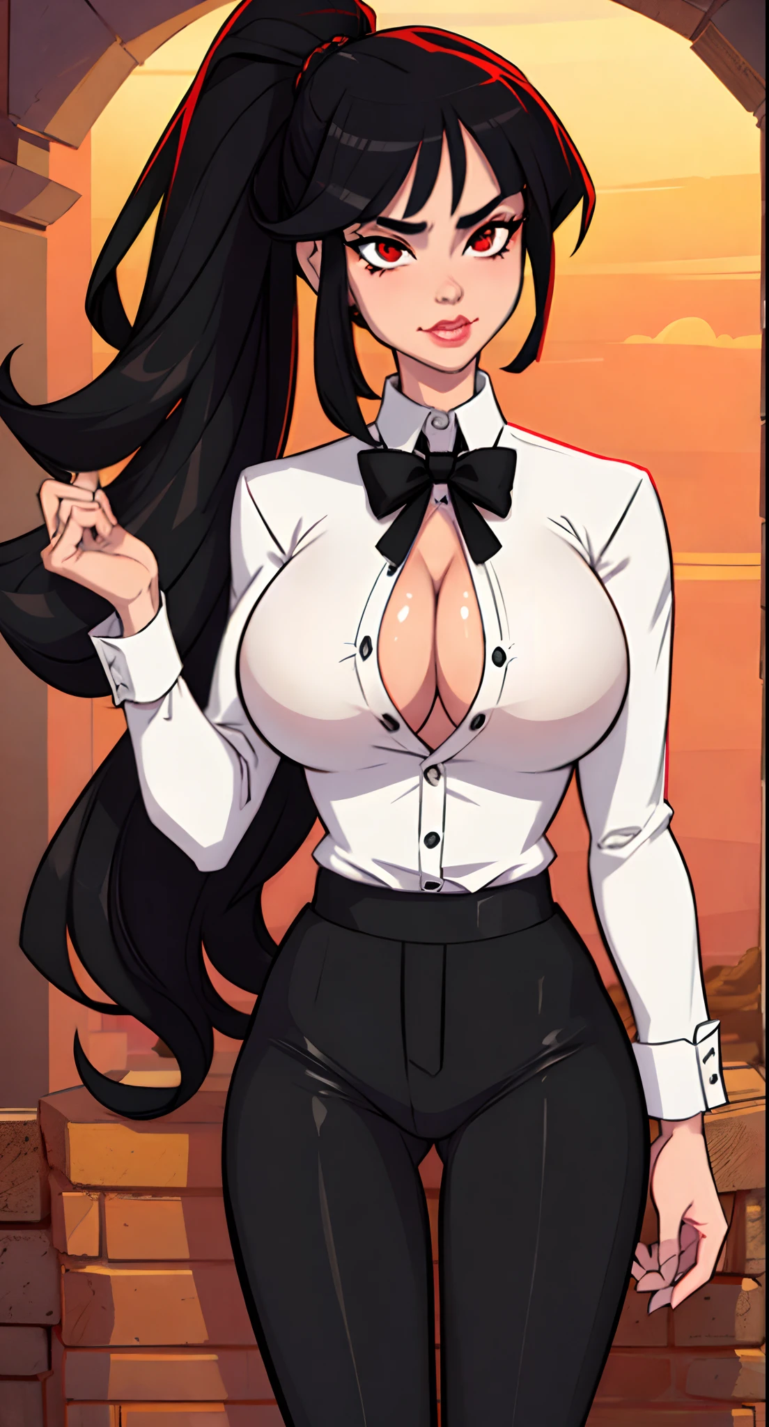 1girl, Best quality, masterpiece, cowboy shot, black hair, long hair, red eyes, lustful, butler, white shirt, black tie, black pants, big breast, ponytail