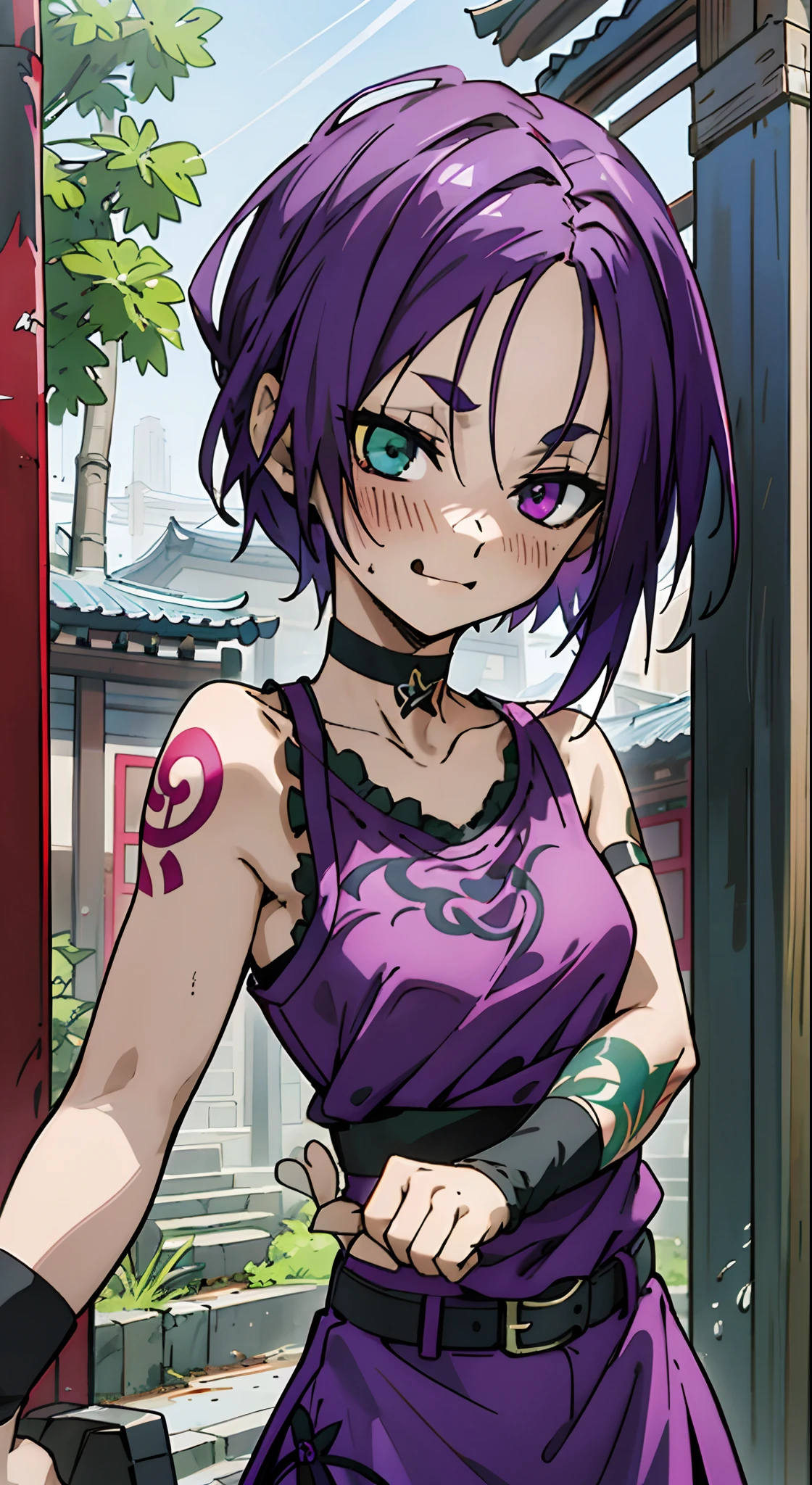 Masterpiece, Best quality, Ultra-detailed, Colorful,take up close, Hyper-detailing，purple color hair, reo mikage, bluelock, no sleeves, camisole and cheongsam, chinese clothes, chest exposure, underwear, frilly underwear, the kinky is exposed, choker, black choker, arm warmers, Wristband, belt wristband, relative area, five fingers, well tattooed showing the tongue, perfect arms, tattoo, arm tattoo, dragon tattoo, body tattoo, face tattoo, red tattoo, perfect hands, perfect fingers, feminine fingers, sexy breasts, scar, big breasts, red blush, 1girl, Solo, sharpy face, heterochromia, green eyes, purple eyes, Bare neck, happiness face, rays of sunshine, brautiful sky, shining sky, shanghai village, slum town