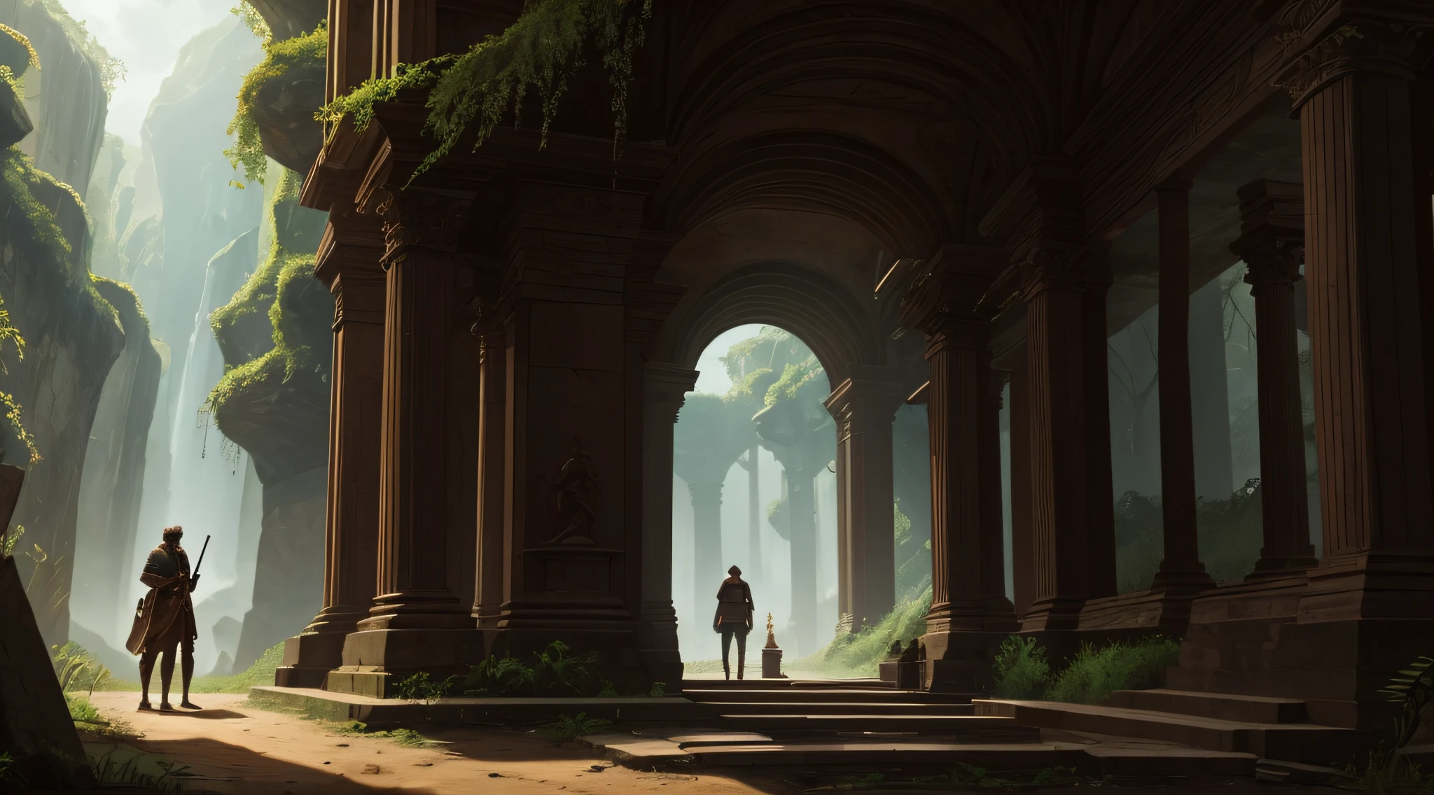 Craft a visual narrative that depicts the evolving mystery and intrigue surrounding Cerberus, the secret passage, and the powerful person guarding an ancient object in the Brazilian wilderness.