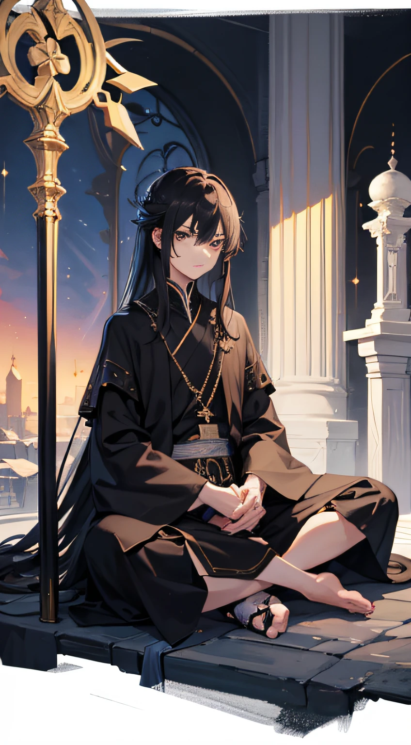 A middle-aged male,short sword,Meditate,Sit cross-legged,palaces,White lobby,stone pillar,mirrors,Multi-faceted mirror,divine power,White light array,black toga,Transparent long sword,Two floating longswords,Black sword,White sword,Mirror promenade,The regulator of the world,Majesty,peacful,Don't get angry,Under the statue of the Holy Sword,Black and white,Blackn clothes,Pure black,longer sleeves,cloaks,A long-sleeved top,brunette color hair,blackigeyes,mistic,Solemn,monarch,Majesty,Don't get angry,Overlooking,male people,man,short detailed hair,Split head,Long shirt hem,robe,palaces,bblurry,boot