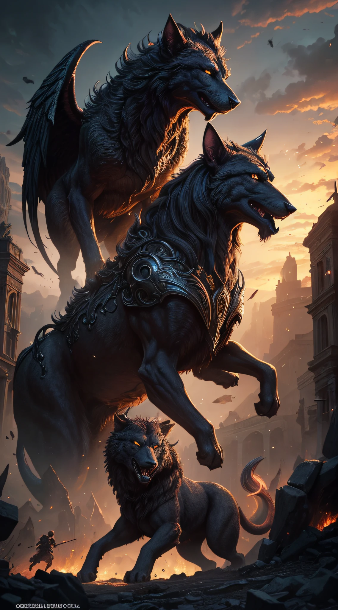 (bestselling novel scenes),dramatic and detailed illustrations of Cerberus as it breaks free from its eternal post,astonished humans(scared,fascinated:1.1) and creatures(characters),thrilling adventures with Cerberus roaming through cities and landscapes(euphoric and captivating journeys),widespread panic and chaos in the mortal world(nd power level intensifies),heroic attempts to capture or subdue(Cerberus:1.1) the mighty beast,mythical creatures(monsters,giant angels:1.1) rise to challenge the invader,widespread destruction and awe-inspiring battles between Cerberus and the mortal realm,The protagonist's(courageous,brave:1.1) desperate quest to restore order and bring Cerberus back to its post,unforgettable moments of fear,awe,bravery and resilience,a stunning climax where Cerberus is either tamed or vanquished(personal favorite:1.19),a mix of traditional and digital illustrations,visually striking colors and chiaroscuro lighting effects(dramatic lighting with deep shadows:1.1),breathtaking landscapes,urban settings and ancient ruins as the backdrop for the chaotic events(surreal and mythical atmosphere),high-res and realistic rendering to capture the essence of Cerberus and its impact on the mortal world+(HDR,highly detailed,photorealistic rendering:1.2),(spellbinding storytelling,fascinating narratives:1.1),emotionally charged scenes that convey the complexity of human and creature reactions to Cerberus' presence,an art style that combines elements of fantasy and realism,blending myth and reality in a seamless way,transcending the boundaries of imagination and immersing the audience in a realm where mythical beasts and mortal beings collide.