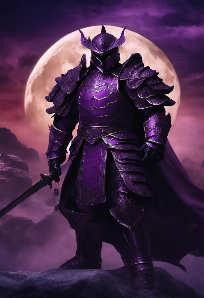 Huge Chinese imperial palace，Wide square，the night，beautiful full moon、Standing a handsome man in purple armor，Deep purple armor，Dragon helmet，Black sword in hand，Black Sword