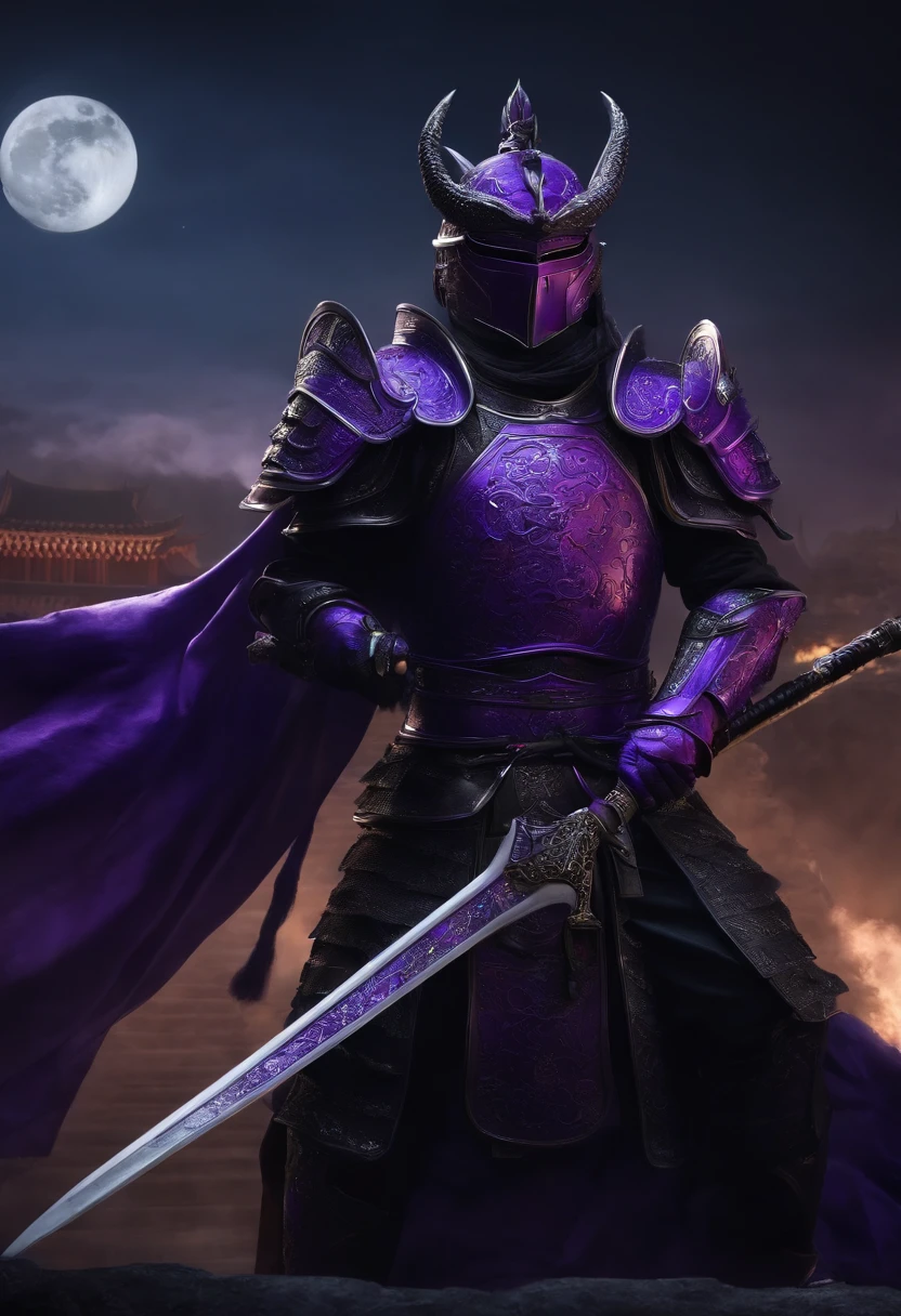 Huge Chinese imperial palace,Wide square,the night,beautiful full moon、Standing a handsome man in purple armor,Deep purple armor,Dragon helmet,Black sword in hand,Black Sword