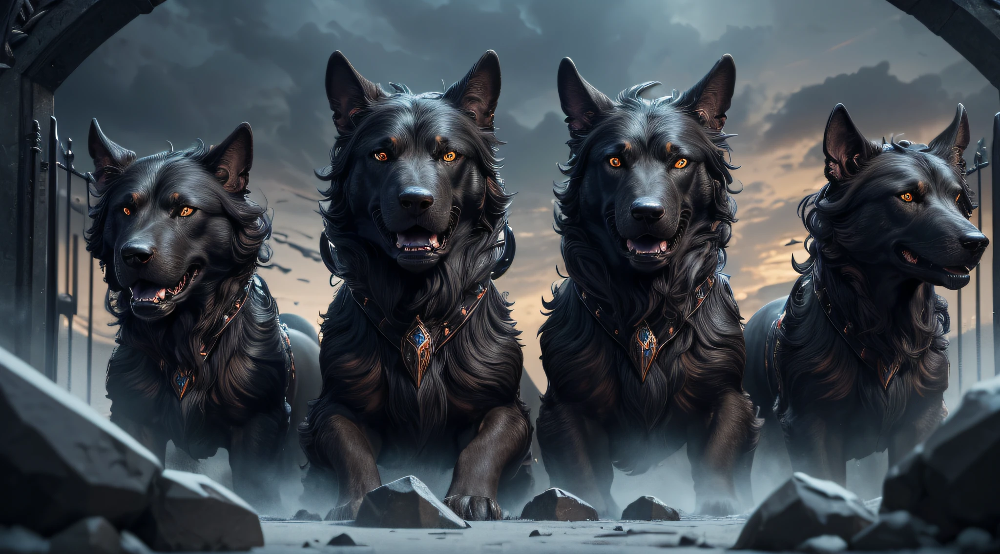 (best quality,4k,8k,highres,masterpiece:1.2),ultra-detailed,physically-based rendering,metallic,sharp focus,vivid colors,ominous mood (,eerie:0.9),(trio,three-headed:1.1) (hellish,hound:1.1),(legendary:1.1),(guarding the gates:1.15),(Cerberus:1.2)