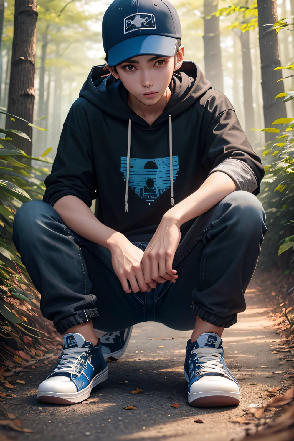 20 year old age bay half black t shirt with blue hoodie clothe a cap convers all star shoe forest path realistic background