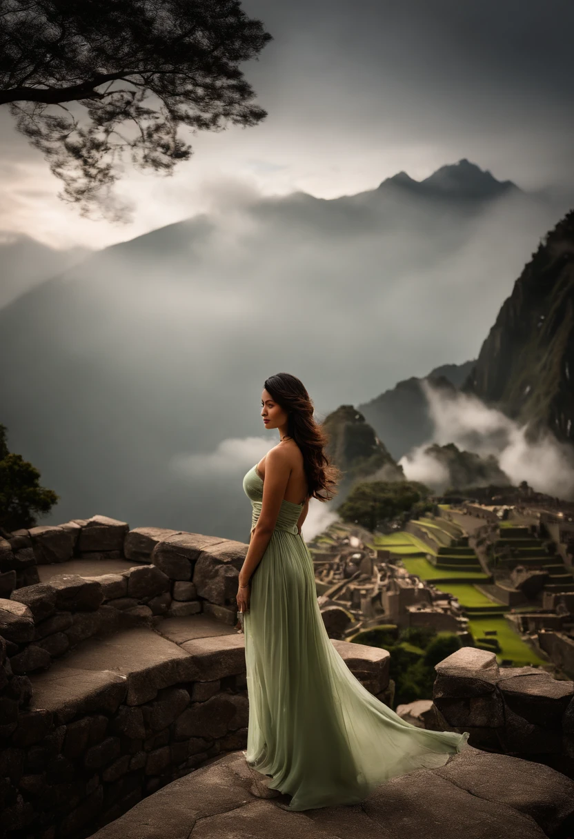 Create a modern, high-definition image that encapsulates the ethereal beauty of a Japanese woman standing atop the ancient ruins of Machu Picchu, surrounded by the mystical mist of the Andean mountains during the nighttime. The scene should exude a cinematic quality, with the ruins and mountains bathed in soft moonlight, and the mist adding an air of mystery and enchantment. The woman should embody a sense of wonder and reverence as she gazes upon this awe-inspiring Incan wonder. This image should seamlessly blend the elegance of the Japanese woman with the cinematic magic of Machu Picchu, resulting in a visually captivating and emotionally resonant composition that transports viewers to a world of ancient grandeur and natural beauty,  8k, raw photo, hd, high res, masterpiece, award winning, masterpiece, modern quality image, detailed background, realistic, busty, (landscape photo format), artistic, busty, big ass, japanese woman, must be containing adult content but not fully naked, (wearing sexy pastel green rouffles maxi dress:1.5), (shot from side to side:1.5), (side boobs:1.5), (cleavage must seen:1.5), (full body shot:1.5), (night scenery:1.5), (seductive smirk:1.5), (cameltoe:1.5), (hard nipples:1.5)
