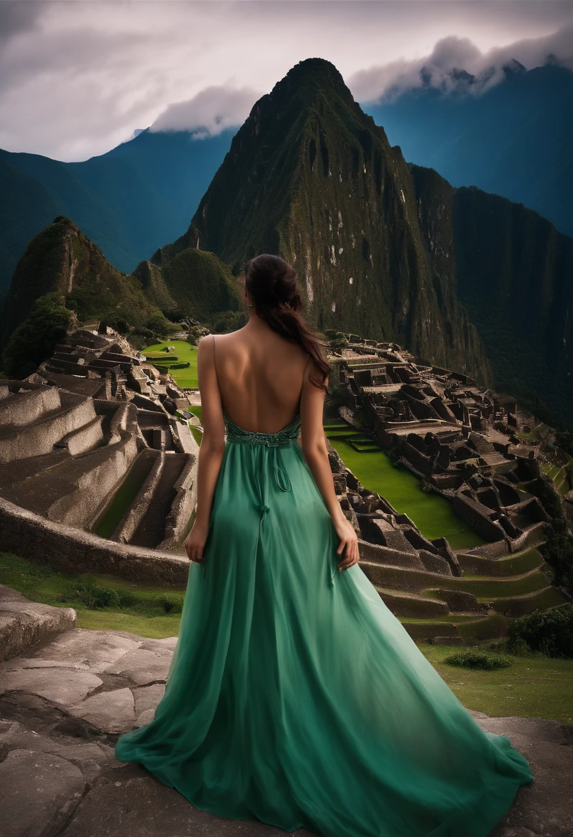 Create a modern, high-definition image that encapsulates the ethereal beauty of a Japanese woman standing atop the ancient ruins of Machu Picchu, surrounded by the mystical mist of the Andean mountains during the nighttime. The scene should exude a cinematic quality, with the ruins and mountains bathed in soft moonlight, and the mist adding an air of mystery and enchantment. The woman should embody a sense of wonder and reverence as she gazes upon this awe-inspiring Incan wonder. This image should seamlessly blend the elegance of the Japanese woman with the cinematic magic of Machu Picchu, resulting in a visually captivating and emotionally resonant composition that transports viewers to a world of ancient grandeur and natural beauty, 8k, raw photo, hd, high res, masterpiece, award winning, masterpiece, modern quality image, detailed background, realistic, busty, (landscape photo format), artistic, busty, big ass, japanese woman, must be containing adult content but not fully naked, (wearing sexy pastel green rouffles maxi dress:1.5), (shot from side to side:1.5), (side boobs:1.5), (cleavage must seen:1.5), (full body shot:1.5), (night scenery:1.5), (seductive smirk:1.5), (cameltoe:1.5), (hard nipples:1.5)