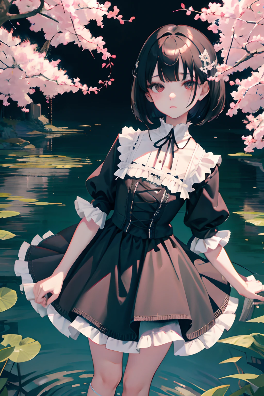 Knees,Curtsey,lift up one's skirtd,(masterpiece,Highest Quality),(shortsleeves,White Gothic Lolita),Sleepy face,Round eyes,A dark-haired,Semi-long bob,bare-legged,small stream,cherry trees,undergarment