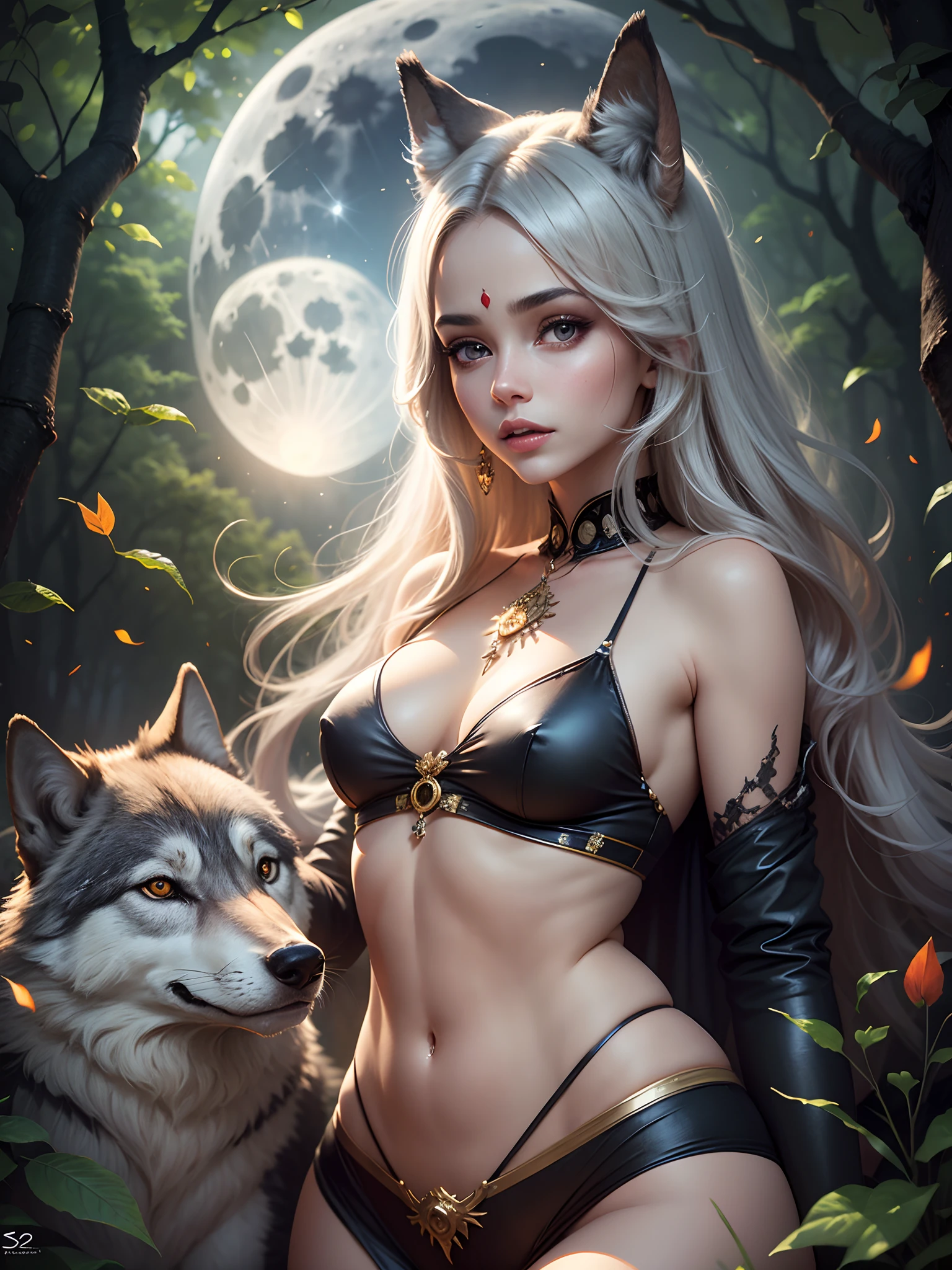 india, beautiful woman, ultra realistic, cinnamatic, forest, full moon, wolf, night, little clothing, ultra realistic, perfect skin --auto --s2