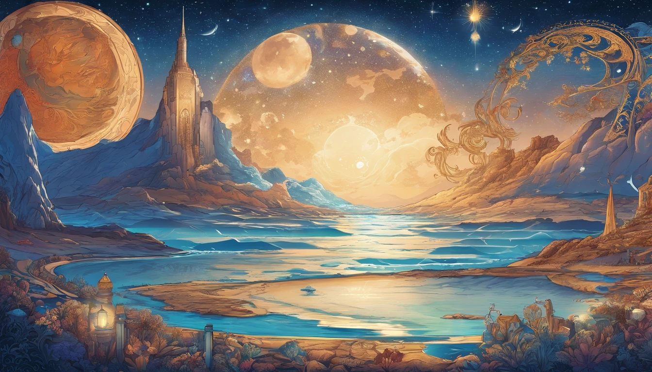 huge planet, the night, starrysky, surrealism, masutepiece, hight resolution、Impressive Milky Way:1.9、sand beach、Vast blue ocean、Blue glacier、lightning bolt:1.9、Protoplanets