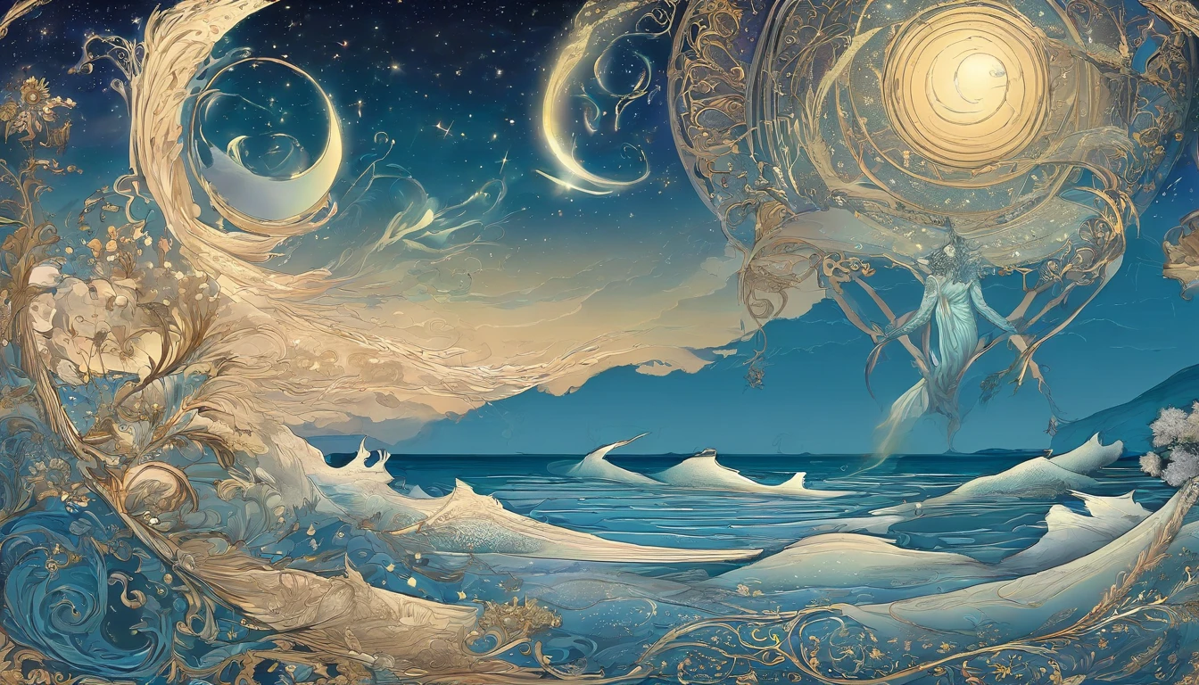 huge planet, the night, starrysky, surrealism, masutepiece, hight resolution、Impressive Milky Way:1.9、sand beach、Vast blue ocean、Blue glacier、lightning bolt:1.9、Protoplanets