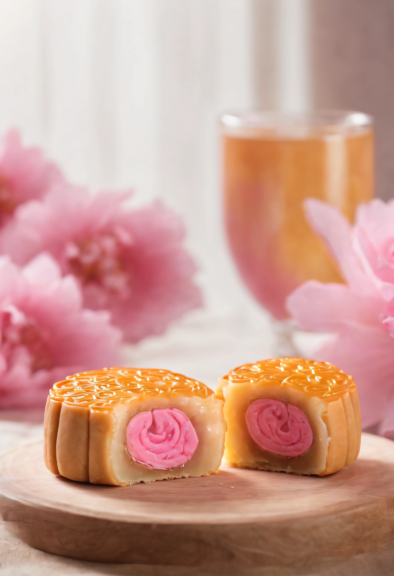 Mooncake cut half with pink intricate sakura fillings and 3 egg yolks inside the pinky filling