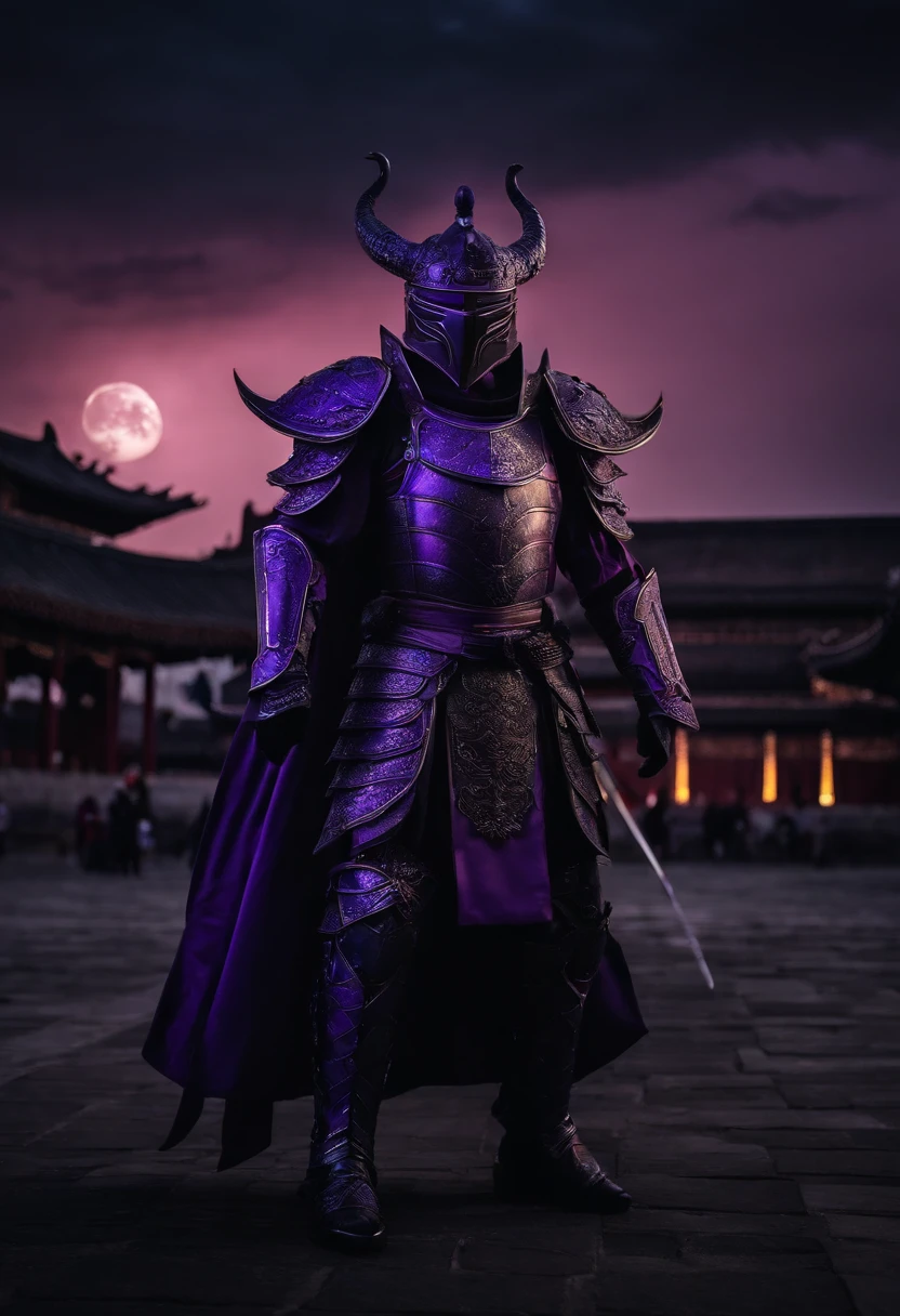 Huge Chinese imperial palace，Wide square，the night，themoon、A man in purple armor stood standing，Deep purple armor，Dragon helmet，Black sword in hand，Black Sword