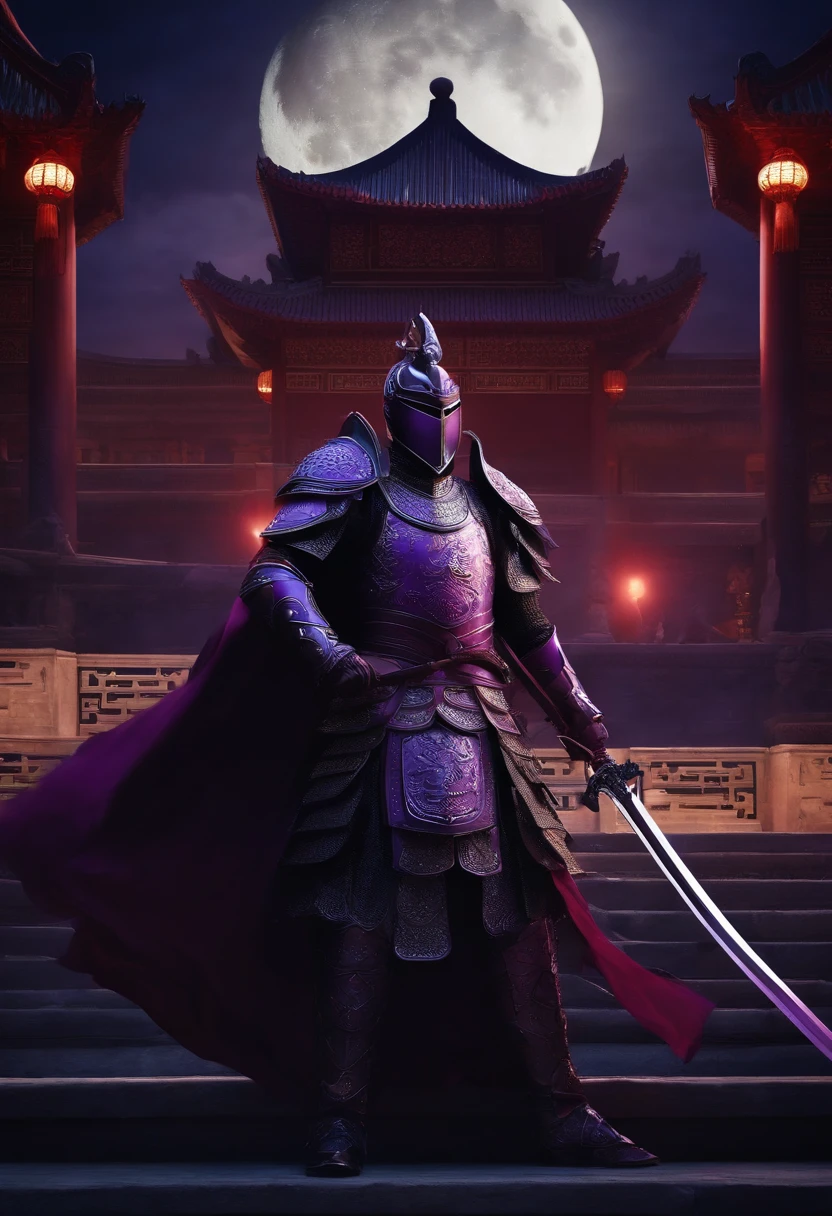 Huge Chinese imperial palace,Wide square,the night,themoon、A man in purple armor stood standing,Deep purple armor,Dragon helmet,Black sword in hand,Black Sword