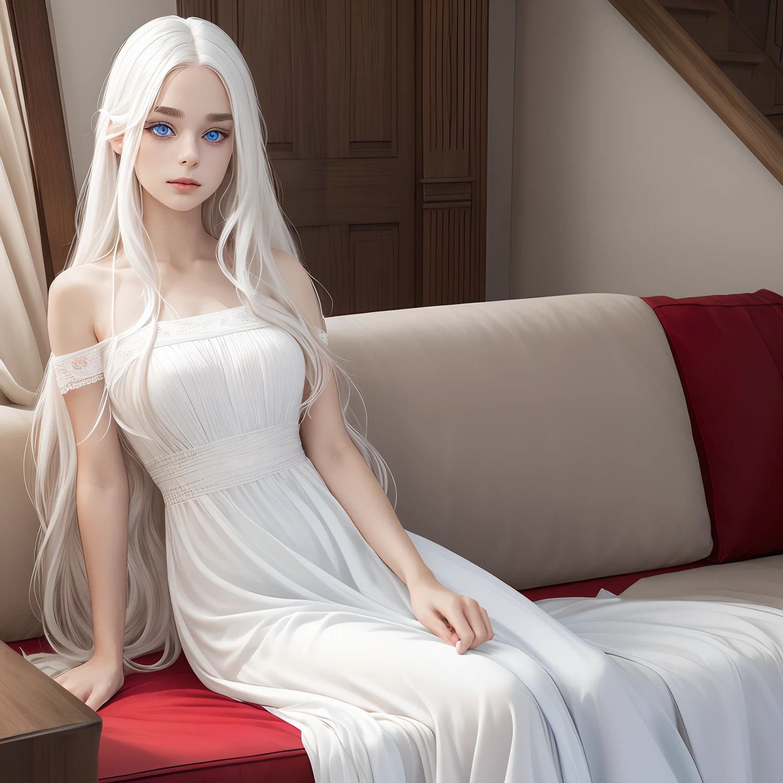 a beautiful girl with long, slightly wavy white hair, heterochromia eyes with a blue right eye and a red left eye, wearing a simple long white dress.