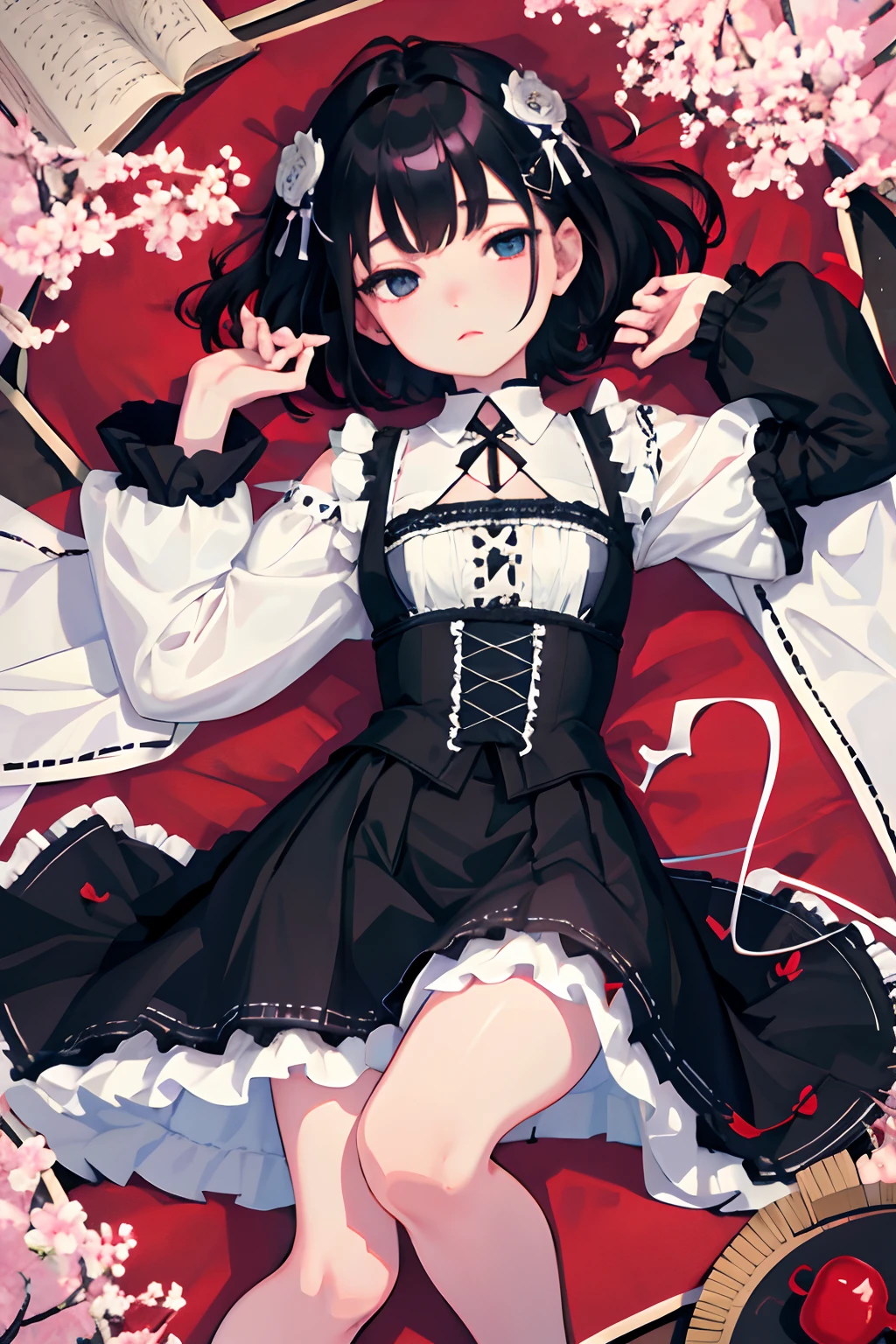 Knees，Curtsey，skirt rift，child，（​masterpiece，Highest Quality），(shortsleeves，White Gothic Lolita)，Sleepy face，Round eyes，A dark-haired，Semi-long bob，bare-legged，Tatami mats，cherry trees