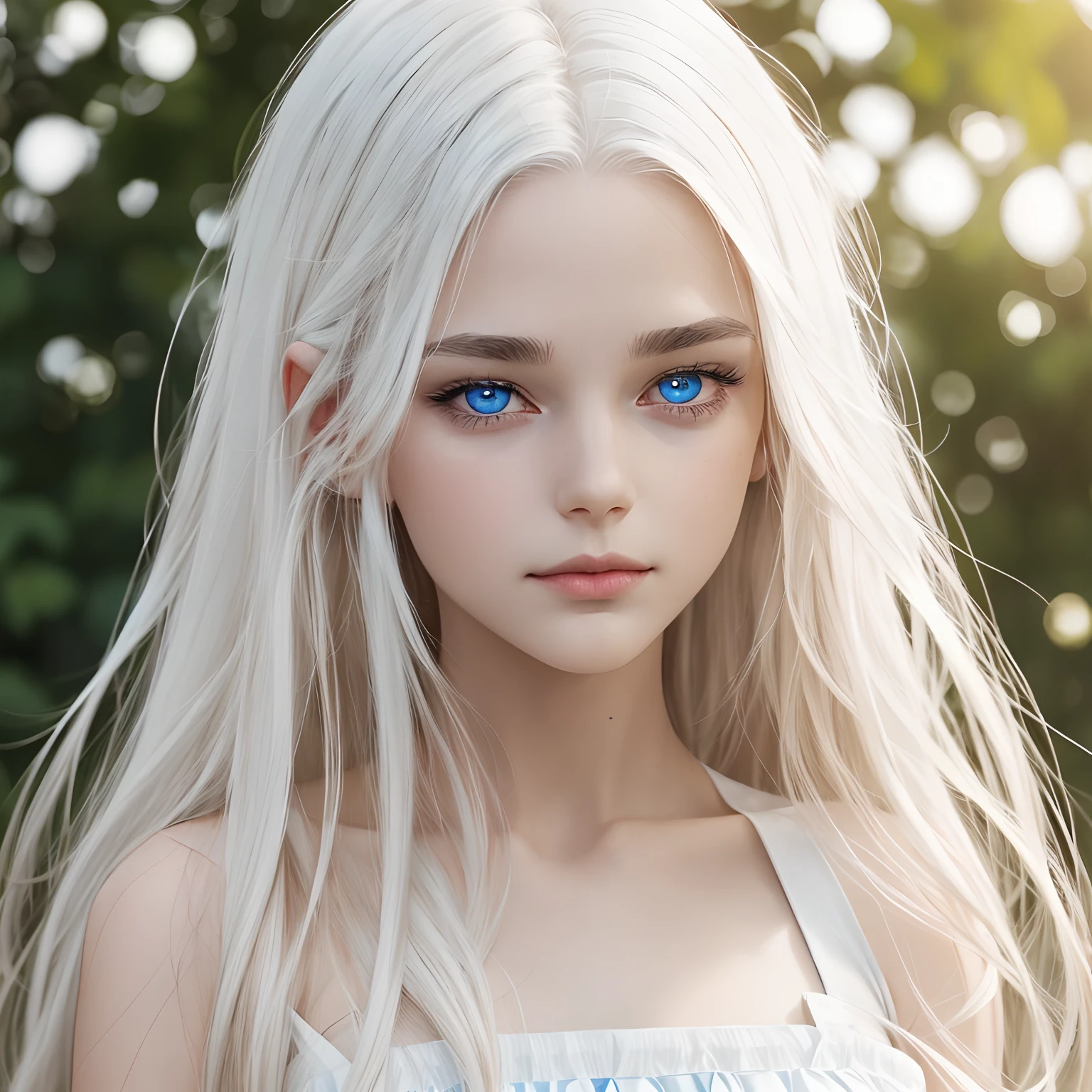 best qualtiy, tmasterpiece, White hair, eBlue eyes,A girl, exteriors, The upper part of the body, Realistis, Floating hair, Snowy, Detailed face,autumnal,Green trees,Sunshine --auto