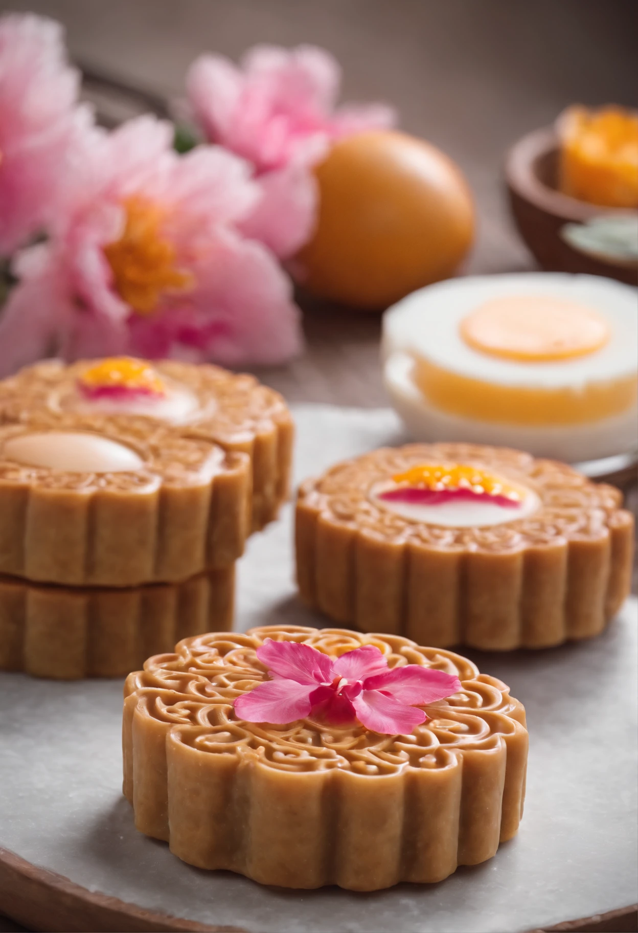 Mooncake cut half with pink intricate sakura fillings and 3 egg yolks