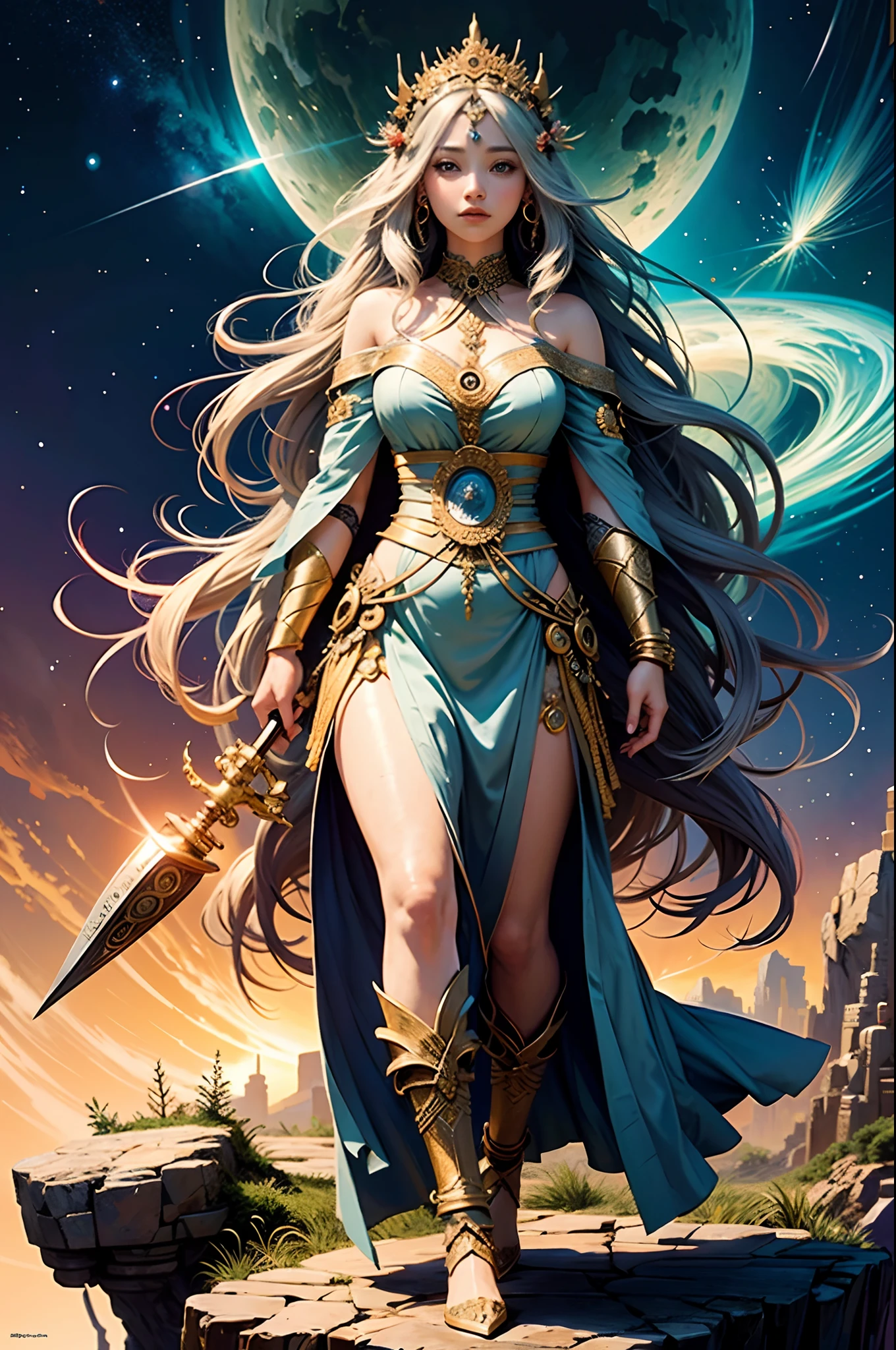 Full body like official art, 8K unit wallpaper, super detailed, beautiful beauty, high quality, beautiful, masterpiece, best quality (zen, mandala, tangled, tangled: 0.6), young goddess in her 20s, silver long hair, sun goddess,