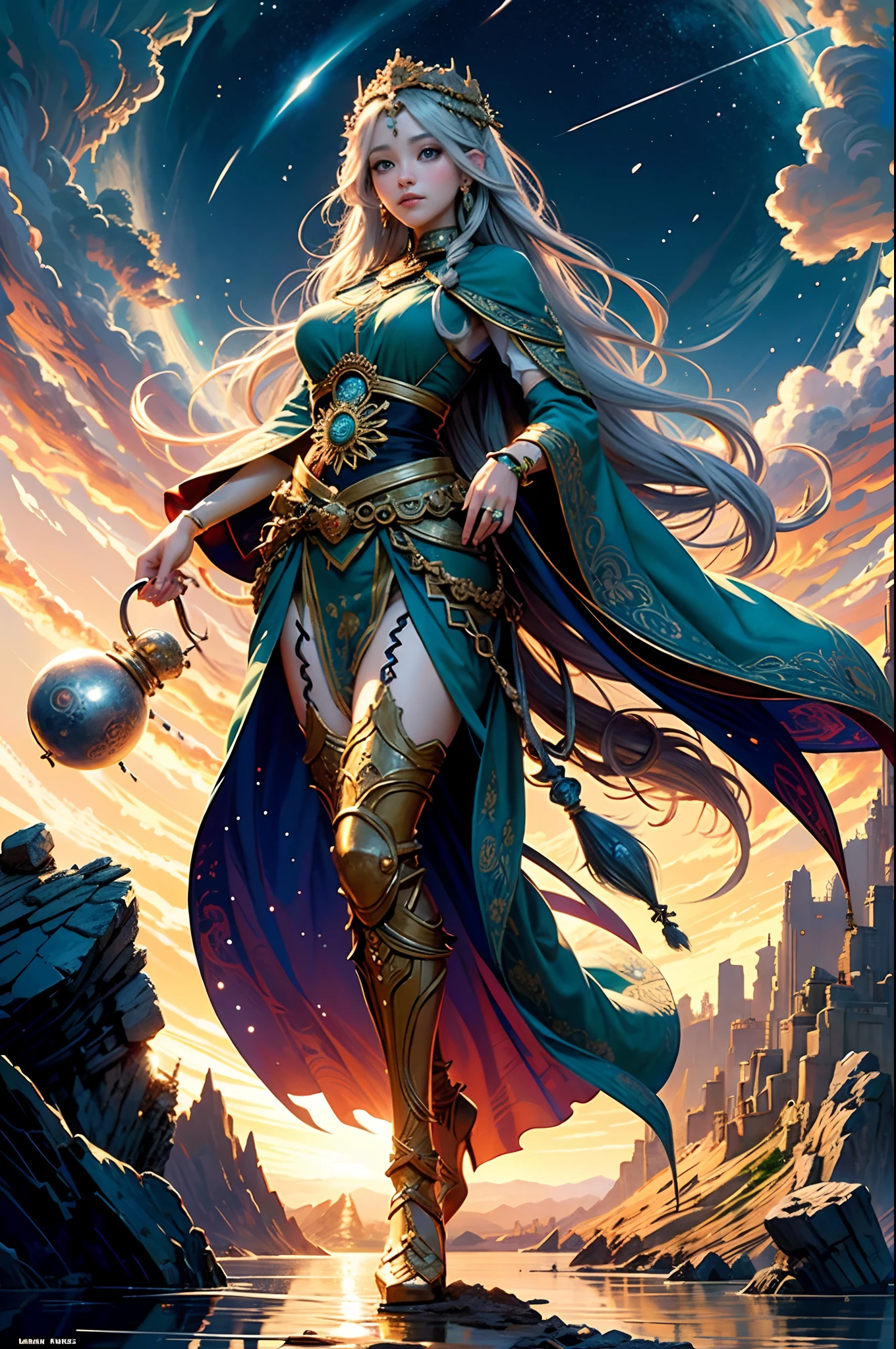 Full body like official art, 8K unit wallpaper, super detailed, beautiful beauty, high quality, beautiful, masterpiece, best quality (zen, mandala, tangled, tangled: 0.6), young goddess in her 20s, silver long hair, sun goddess,