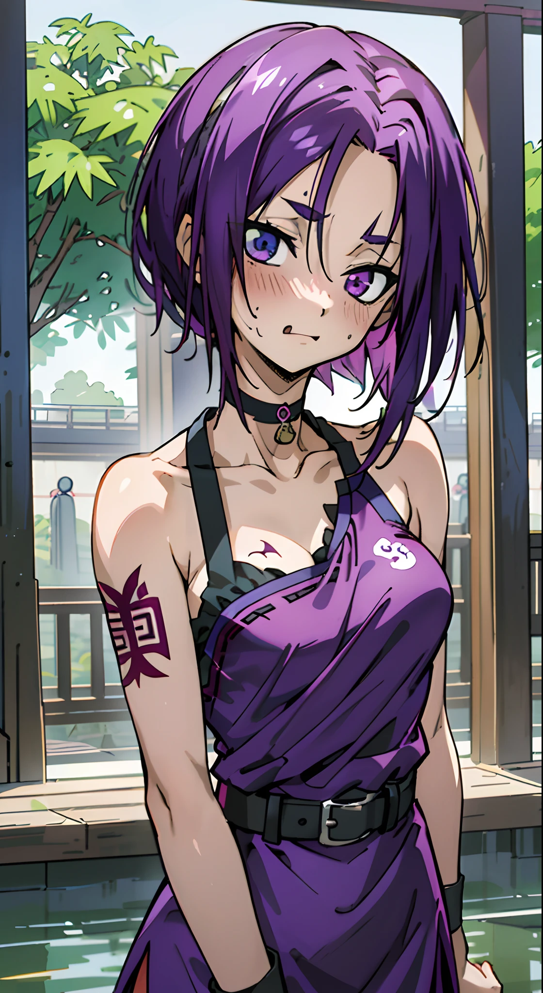 Masterpiece, Best quality, Ultra-detailed, Colorful,take up close, Hyper-detailing,purple color hair, reo mikage, bluelock, no sleeves, camisole and cheongsam, chinese clothes, chest exposure, underwear, frilly underwear, the kinky is exposed, choker, black choker, arm warmers,relative area, Ritual tattoos on the body, sexy breasts, scar, big breasts, red blush, 1girl, Solo, sharpy face, heterochromia, green eyes, purple eyes, Bare neck, happiness face, rays of sunshine, brautiful sky, shining sky, shanghai village, slum town