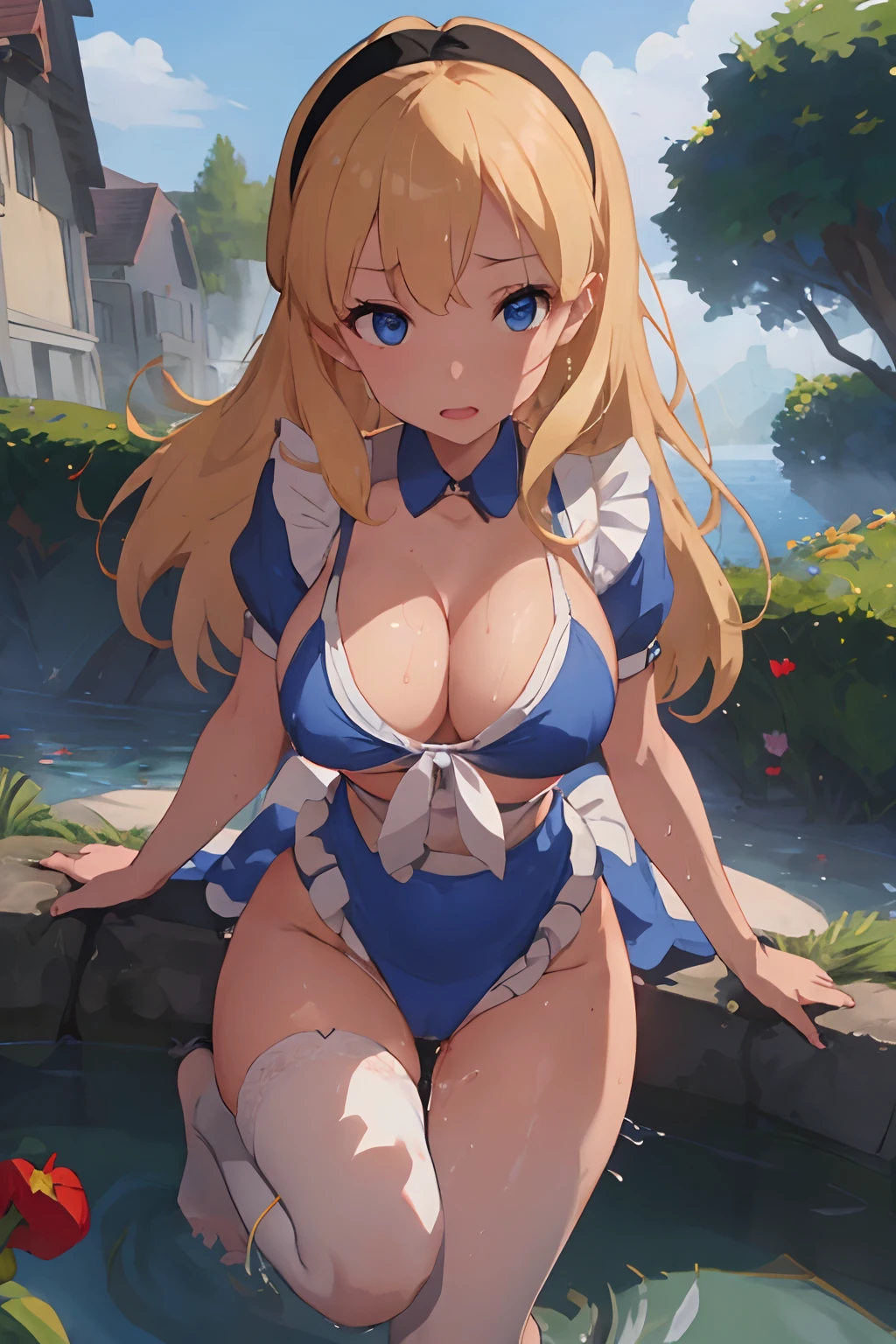 (masterpiece、top-quality;1.3)、ighly detailed、atlibrary、Black Hair Band、Blonde long hair、big breast beauty、The crotch is wet、Orgy、Rape、teats、Opening legs、Blue String Bikini、tits out、Red cheeks、all-fours、barechested、White Apron、ssex、Insert a into your、cum on、lascivious、pass away