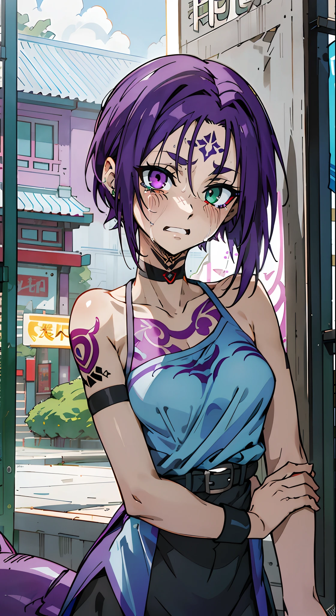 scar, big breasts 1girl, Solo, sharpy face, heterochromia, green eyes, purple eyes, Bare neck, tears, crying face, opened mouth, tattoo, face tattoo, flower tattoo