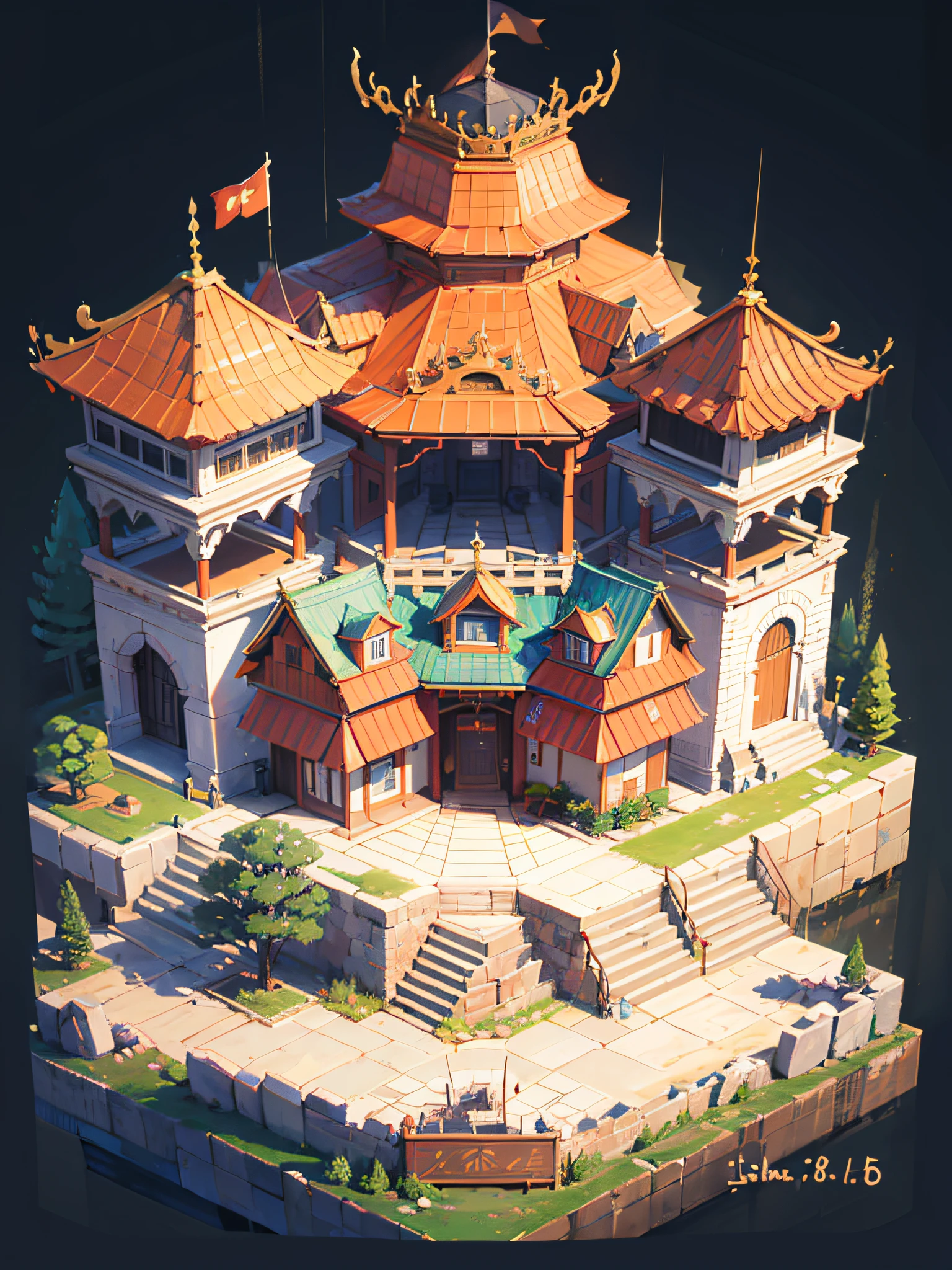 (isometry:1.5),tmasterpiece,HighestQuali,8K,（Isometric 2 of the Pumice Castle.5D art）,Dreamy Westward Journey style,Chinese-style architecture,Wooden stage,platforms,Chinese-style theater stage,Plaza,Japanese-style structure,Q version --v 6