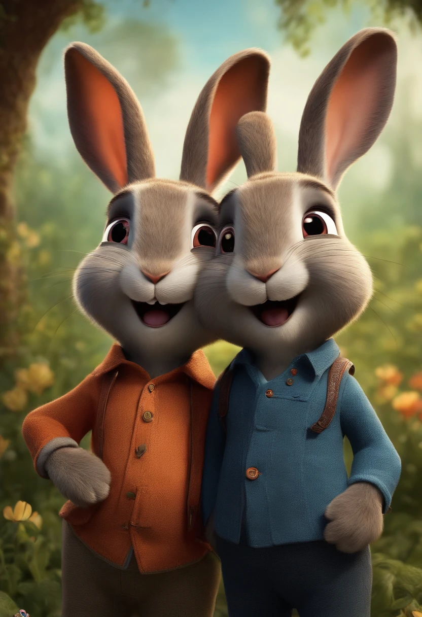 Two rabbits are standing next to each other in a field - SeaArt AI