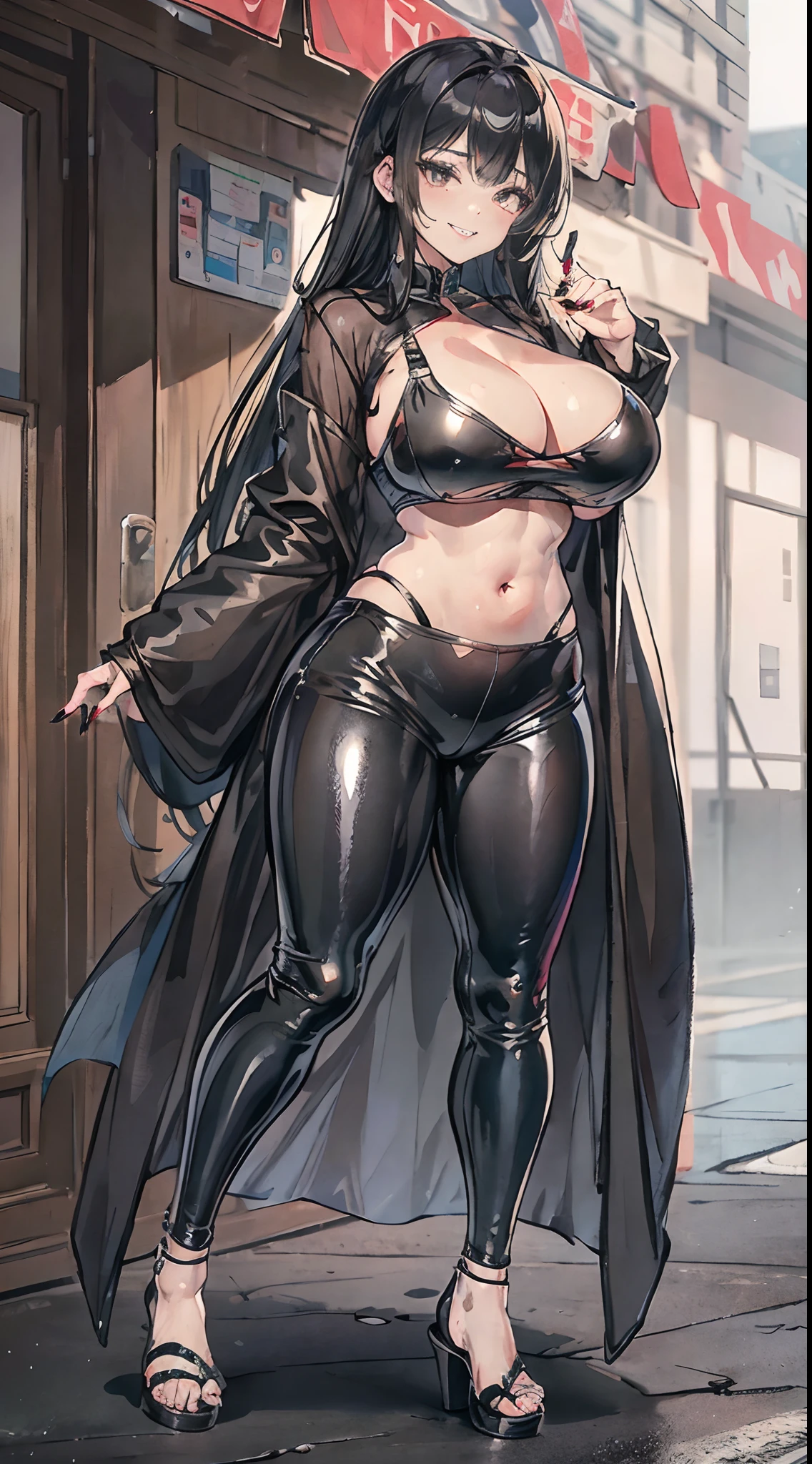 Full body like，heeled sandals，gigantic cleavage breasts，The right hand crosses the waist，Long black hair，Black colored eyes，Black fingernails，Black toenails，grin face，Sports bra，Latex leggings，Transparent raincoat，exposing thighs，exposing your navel，Expose the armpits