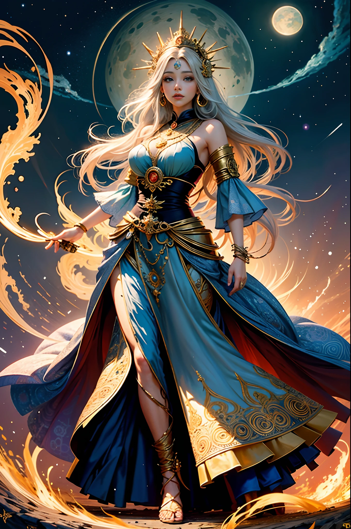 Full body like official art, 8K unit wallpaper, super detailed, beautiful beauty, high quality, beautiful, masterpiece, best quality (zen, mandala, tangled, tangled: 0.6), young goddess in her 20s, silver long hair, sun goddess,