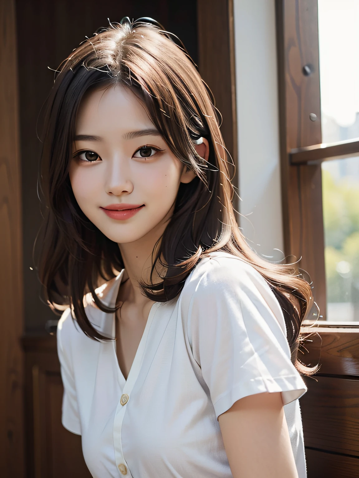 top-quality, masterpiece, 超A high resolution, Photorealsitic, 1girl, white shirt, a smile