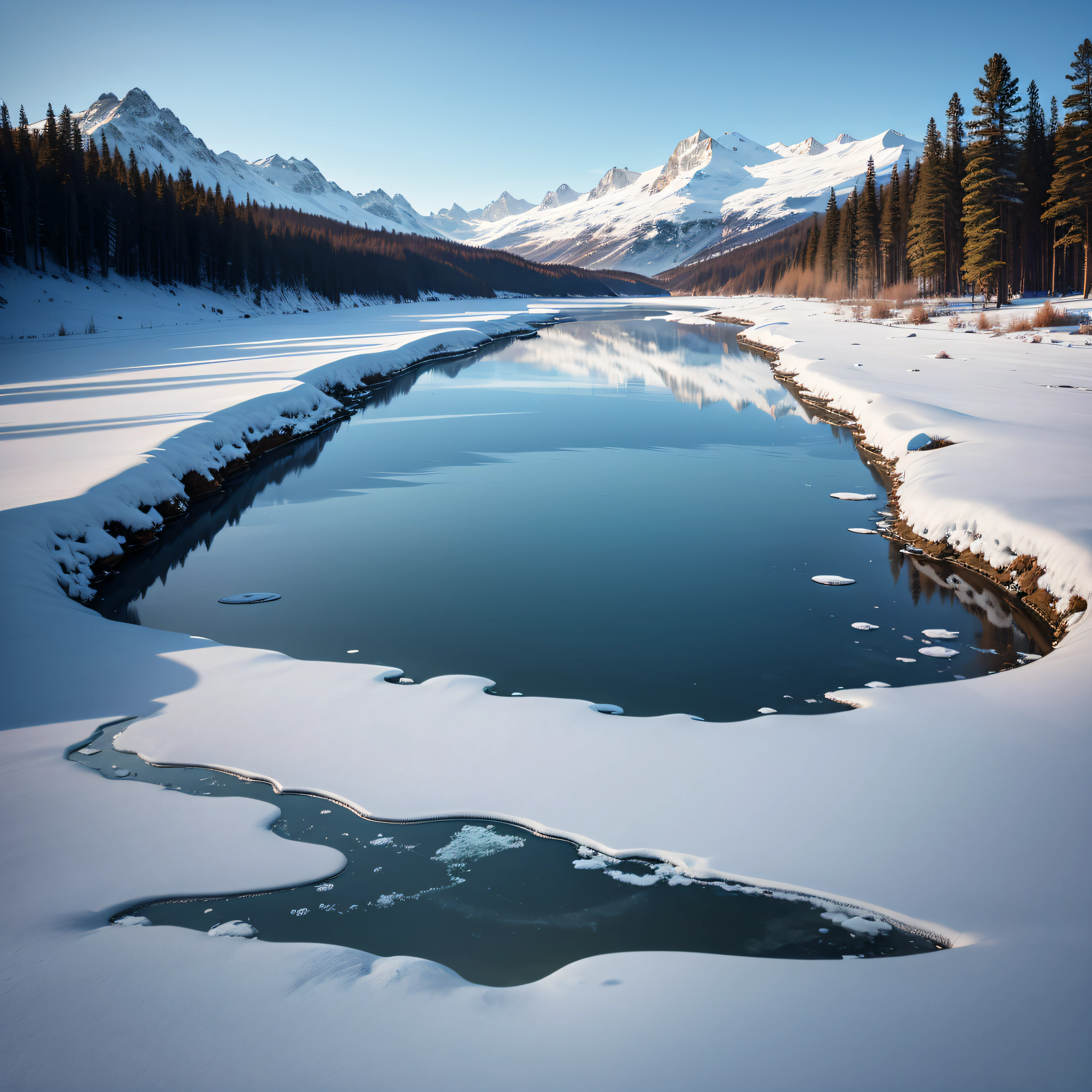 Frozen Lake Serenity:
The serene sight of a frozen lake, smooth and still, with the potential to skate or walk on its icy surface, surrounded by a wintry landscape.